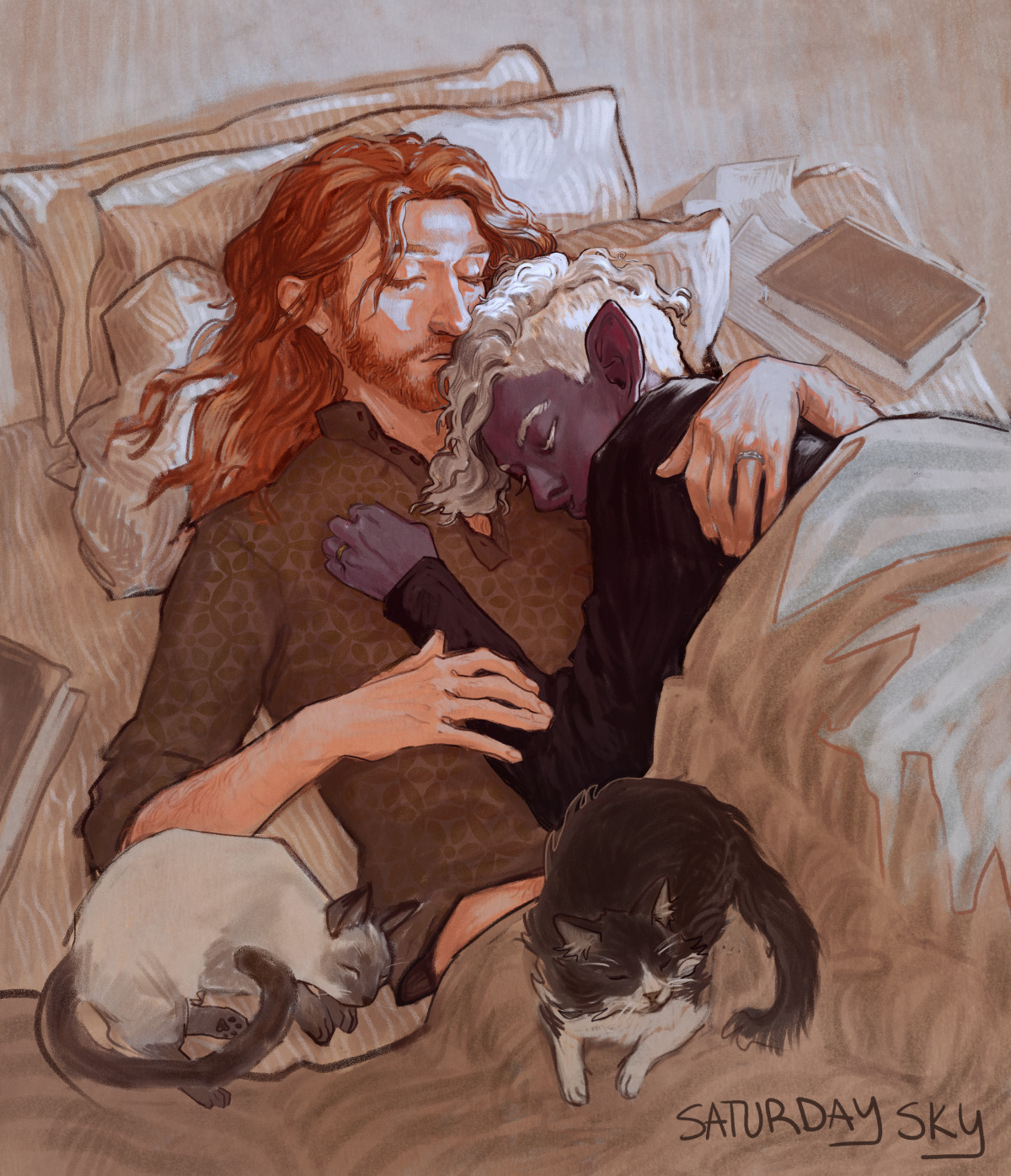 A digital painting of Caleb and Essek from Critical Role. They are asleep together, surrounded by cats and blankets. The overall vibe is quiet coziness.