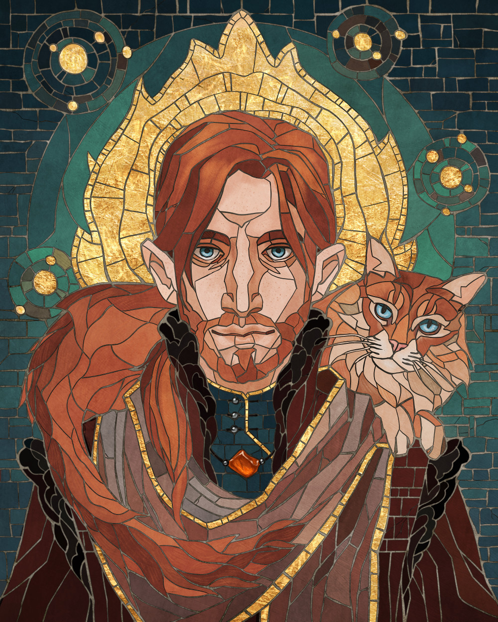 An Exandria Unlimited: Calamity-style mosaic portrait of Caleb Widogast from Critical Role. He is a pale-skinned, red-headed human wearing brown robes trimmed in black fur. He has an orange cat draped around his shoulders, and at the base of his neck, he wears an amber pendant. Behind him is a golden flame surrounded by atom-like circles.