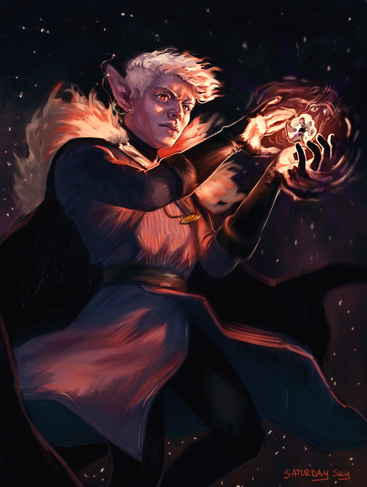 A digital painting of Essek from Critical Role. It's dark, and he is casting a spell that glows with an ominous warmth. He is looming pretty ominous himself as he stares down the viewer.