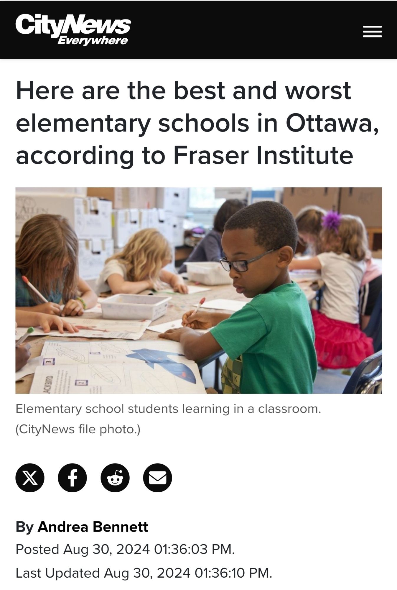 Headline: Here are the best and worst elementary schools in Ottawa, according to Fraser Institute

(Picture of kids)
Elementary school students learning in a classroom.
(CityNews file photo.)
X
f
ே
By Andrea Bennett
Posted Aug 30, 2024 01:36:03 PM.
Last Updated Aug 30, 2024 01:36:10 PM.