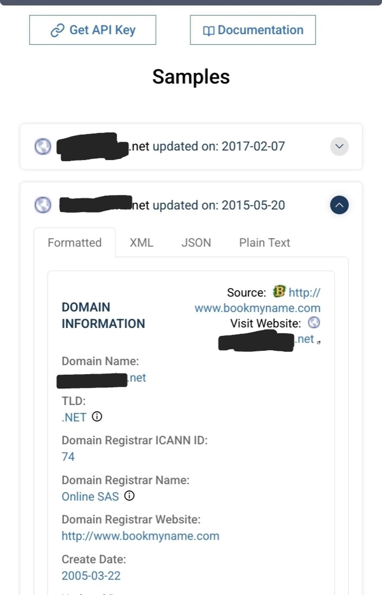 Résultat de la recherche qui fournit les noms de domaines associés