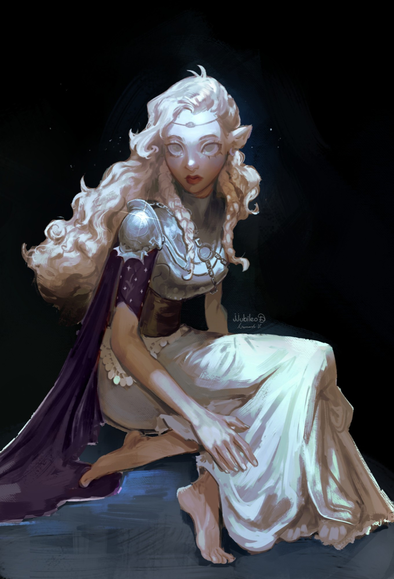 A digital painting of an elf girl wearing a white dress with armor on top.