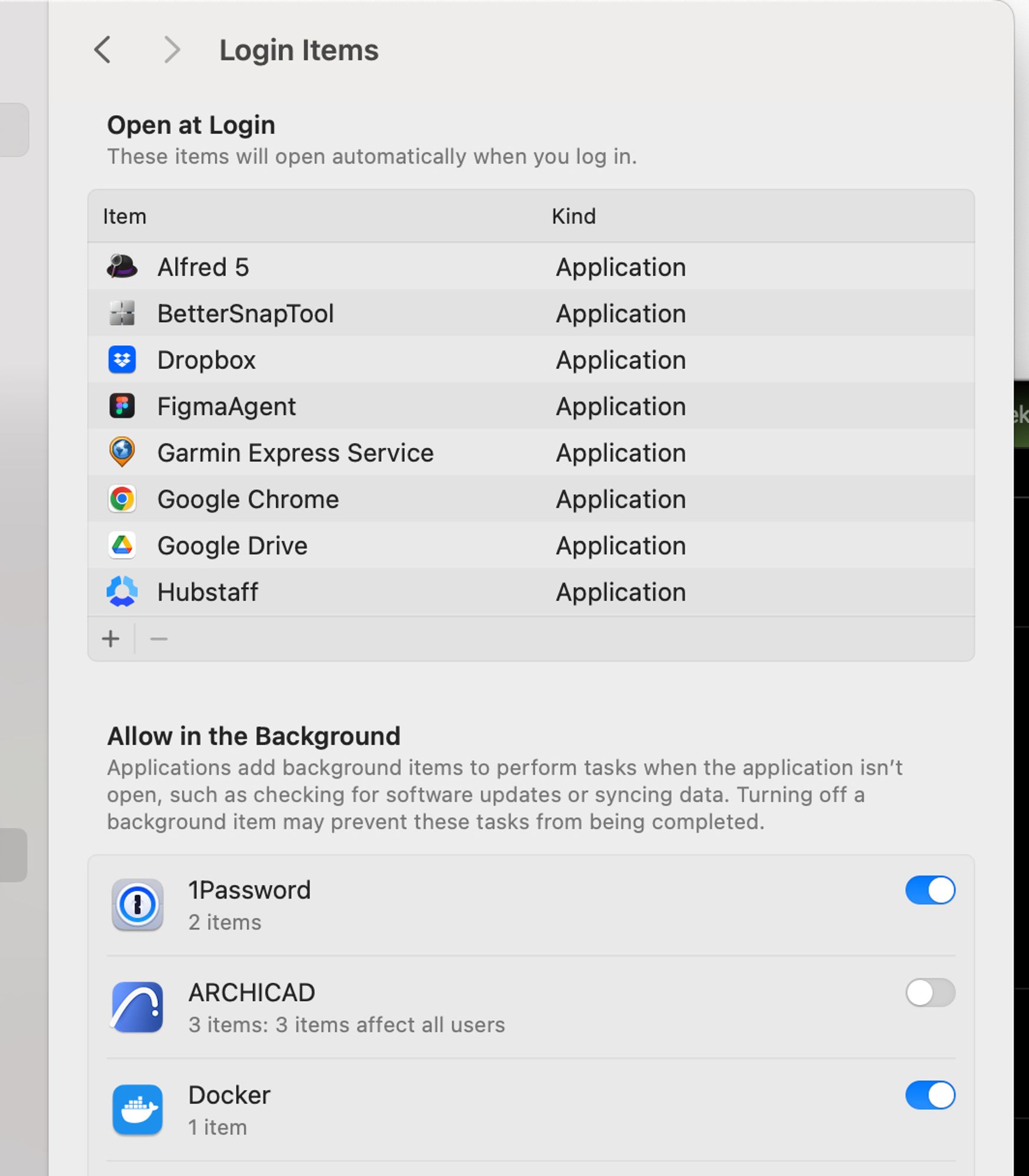 MacOS settings screen (General - Login Items - Open at Login)