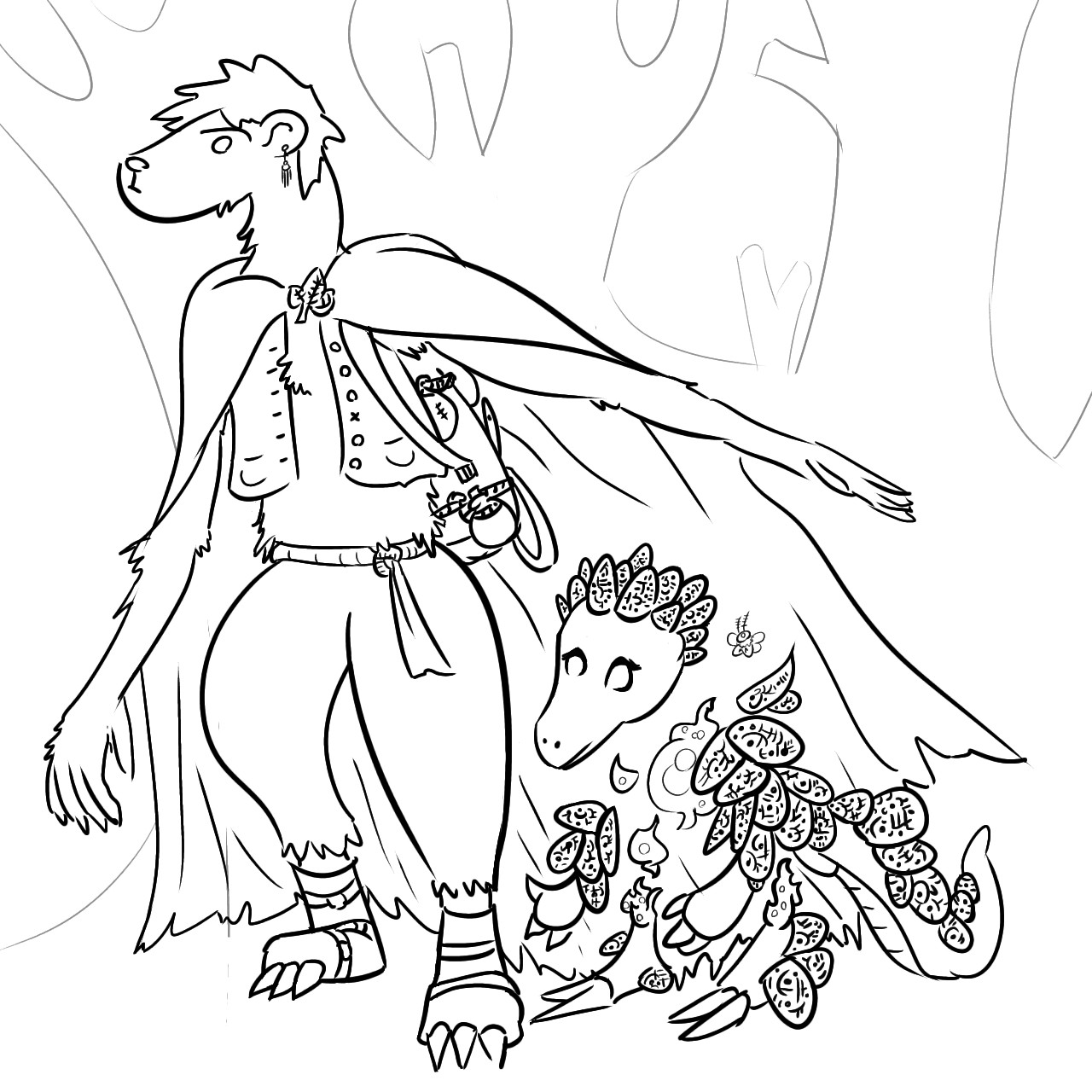 a tall weasel with short messy hair stands over a ghostly pangolin, shielding the smaller companion with his tattered cloak. an open vest, strung objects and curios, oversized pants, and rope tied foot wrappings are that adorns the weasel, but their posture and expression implies preparedness and alertness to the forested surroundings between the pair. the ghostly pangolin has sections of its body floating, seemingly suspended by a magic emanating from the curious runes carved across her body. a swirling smoky core lies at the center of the pangolin's body, and a tiny moth hovers over her shoulder.