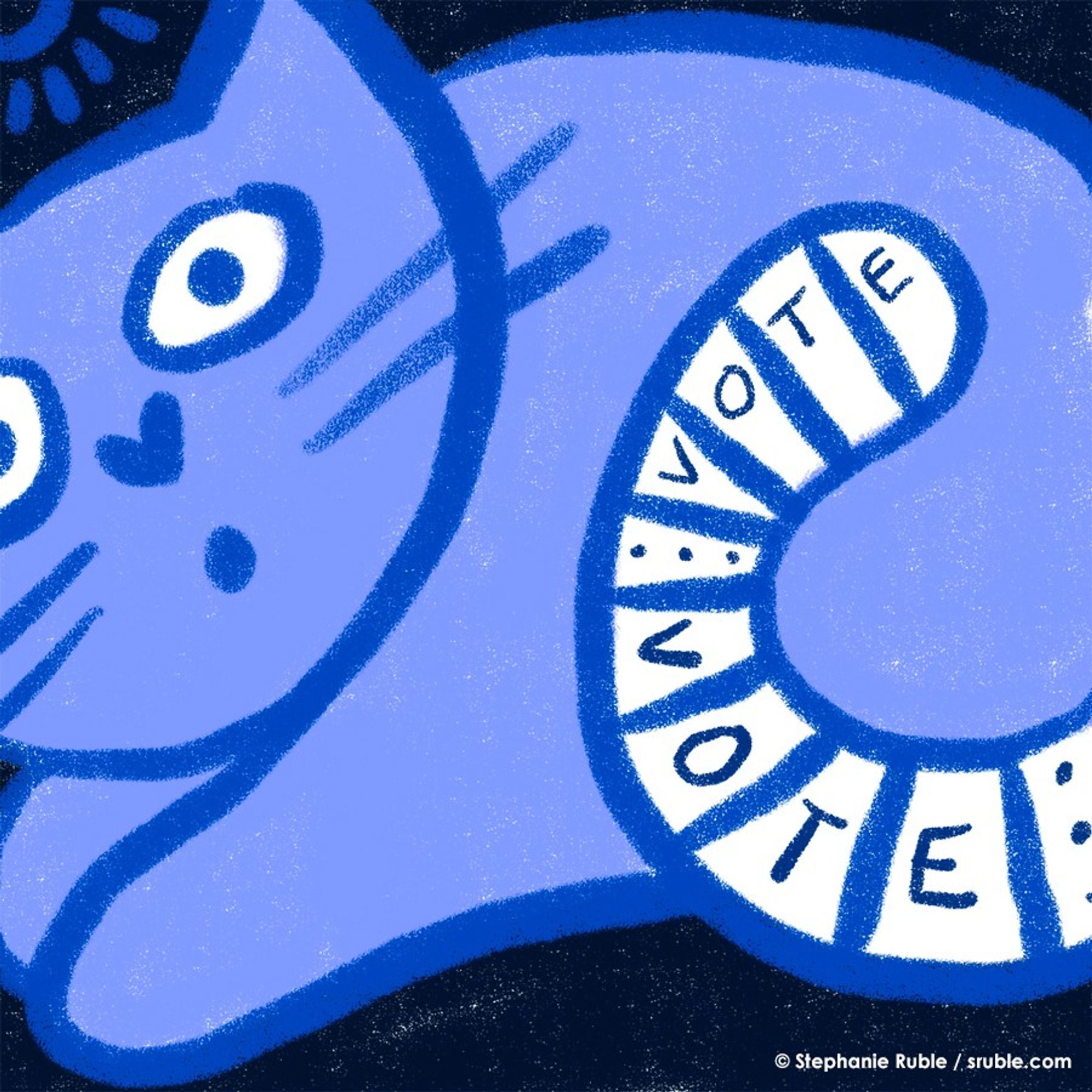 blue cat with bright blue outline facing left, "Vote Vote" on white striped tail, and surprised look, is smooshed into the square image, with one eye partially off the side and one ear not shown. background is midnight blue, almost black, and there is a bright blue sun-like object in the upper left