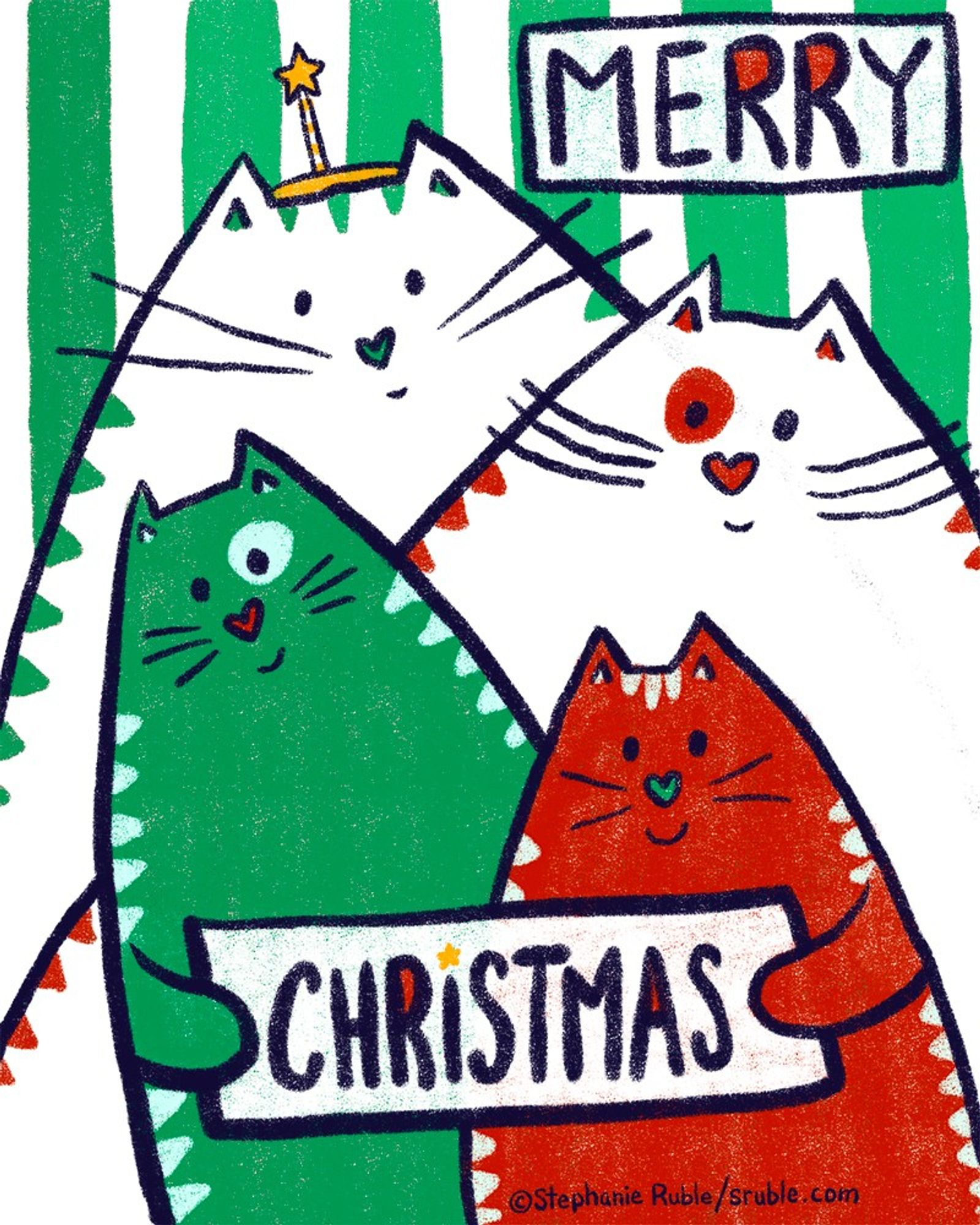 text top right, "Merry" and green stripes in background of a family portrait of four kitties, with 2 on bottom holding a sign, "CHRiSTMAS" (with yellow star to dot the i): 1. left top: big white cat with green stripes & nose and a hat with a star sticking up 2. right top: big white cat with red stripes, nose, & red circle around one eye. 3. left bottom: small green cat with lt. green stripes & circle around eye, & red nose 4. right bottom: small red cat with white stripes & green nose.