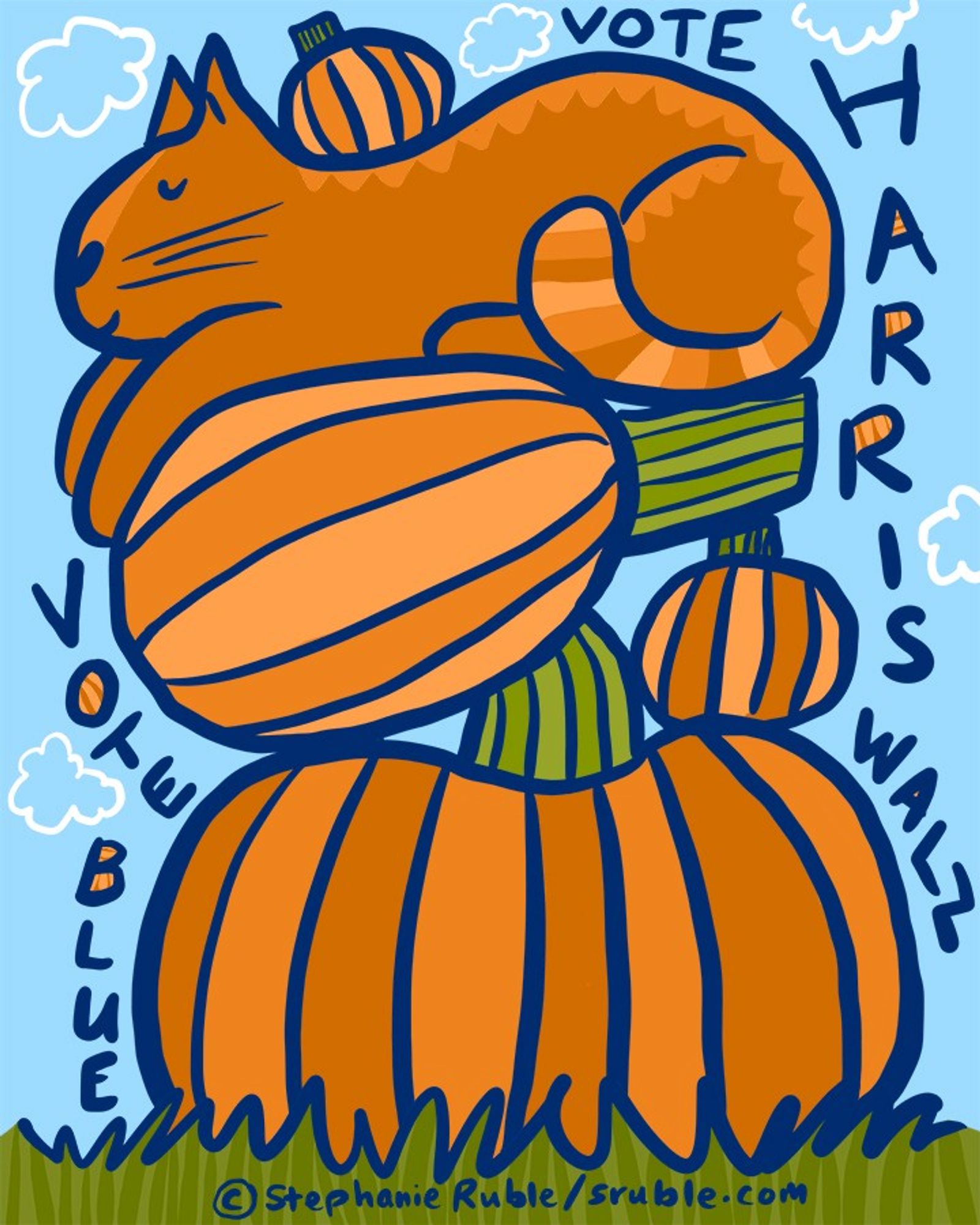 stack of three pumpkins (2 big / 1 small), with an orange cat sitting on top, with a small pumpkin on their back. green grass below, light blue sky and clouds in the background, with vertical text: "VOTE BLUE" starting middle left to bottom and "VOTE HARRIS WALZ" on right from top to bottom. text and outlines are all in blue