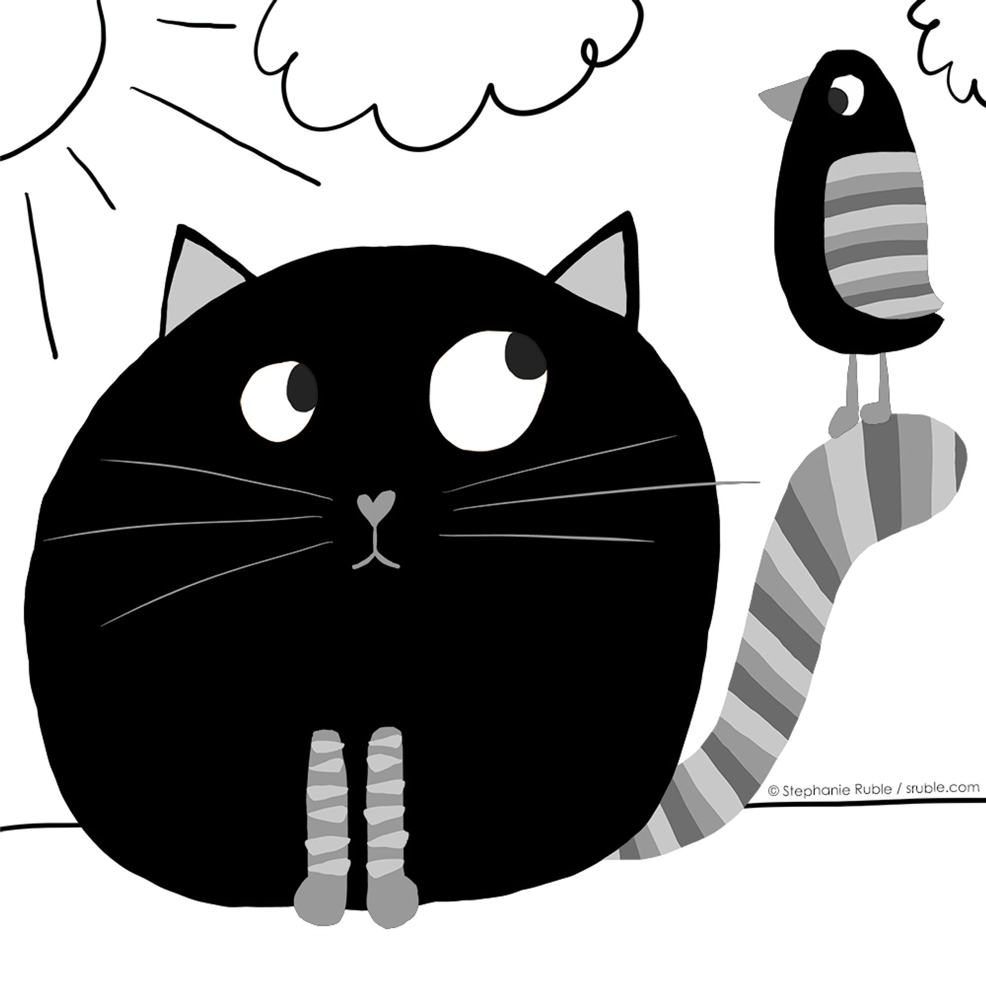 round black cat with striped paws and tail, looks up at tall black bird with striped wing sitting on their tail. sun in upper left corner, two clouds and the ground are drawn in with grey line