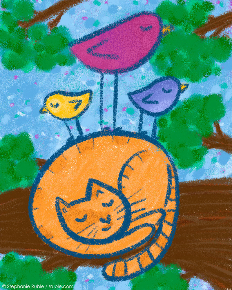 orange cat sleeping in a tree, with three birds (yellow, magenta, and blue), who are also sleeping, standing on the cat's back. The magenta bird is bigger than the other two, who are small. blue sky in background. painterly digital art with blue outline on cat and birds.