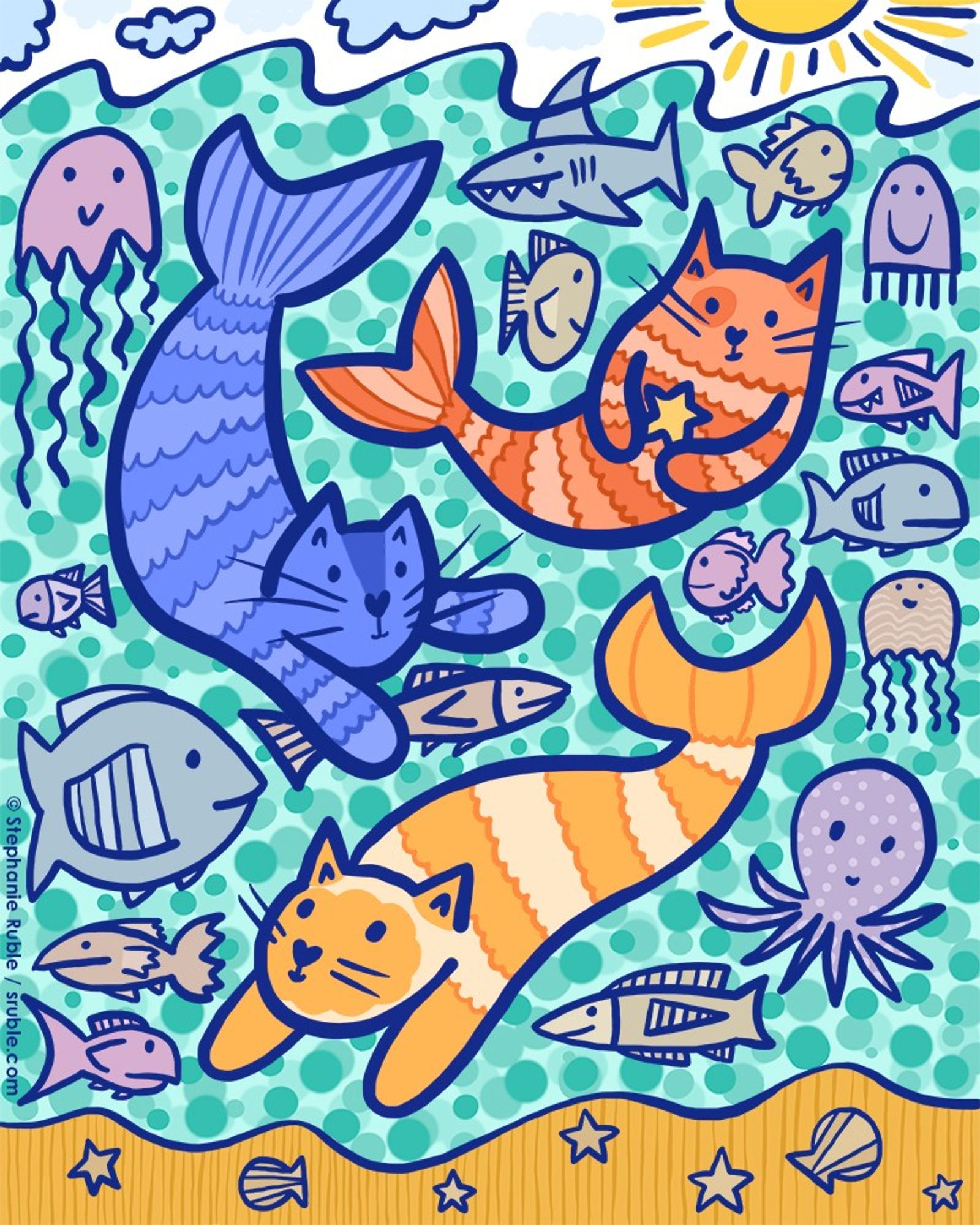 three cat mermaids (blue, orange, and yellow-orange) swimming in a sea full of fish, jellyfish, and a shark, with sand, shells and starfish below and a sunny sky with clouds above the water.