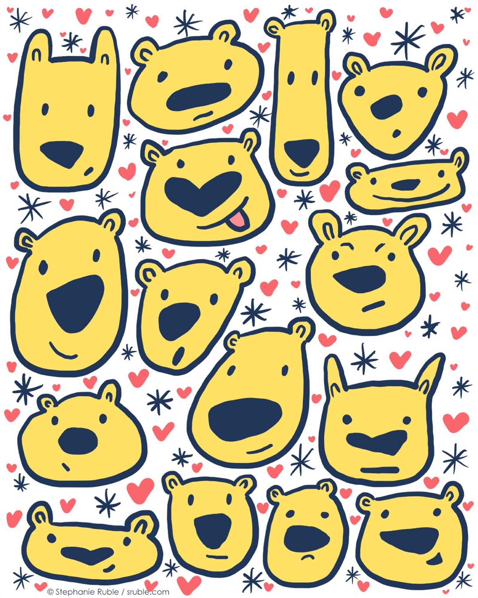 lots of yellow bear faces in different sizes and shapes, with different expressions. white background with pink hearts and dark blue sparkles