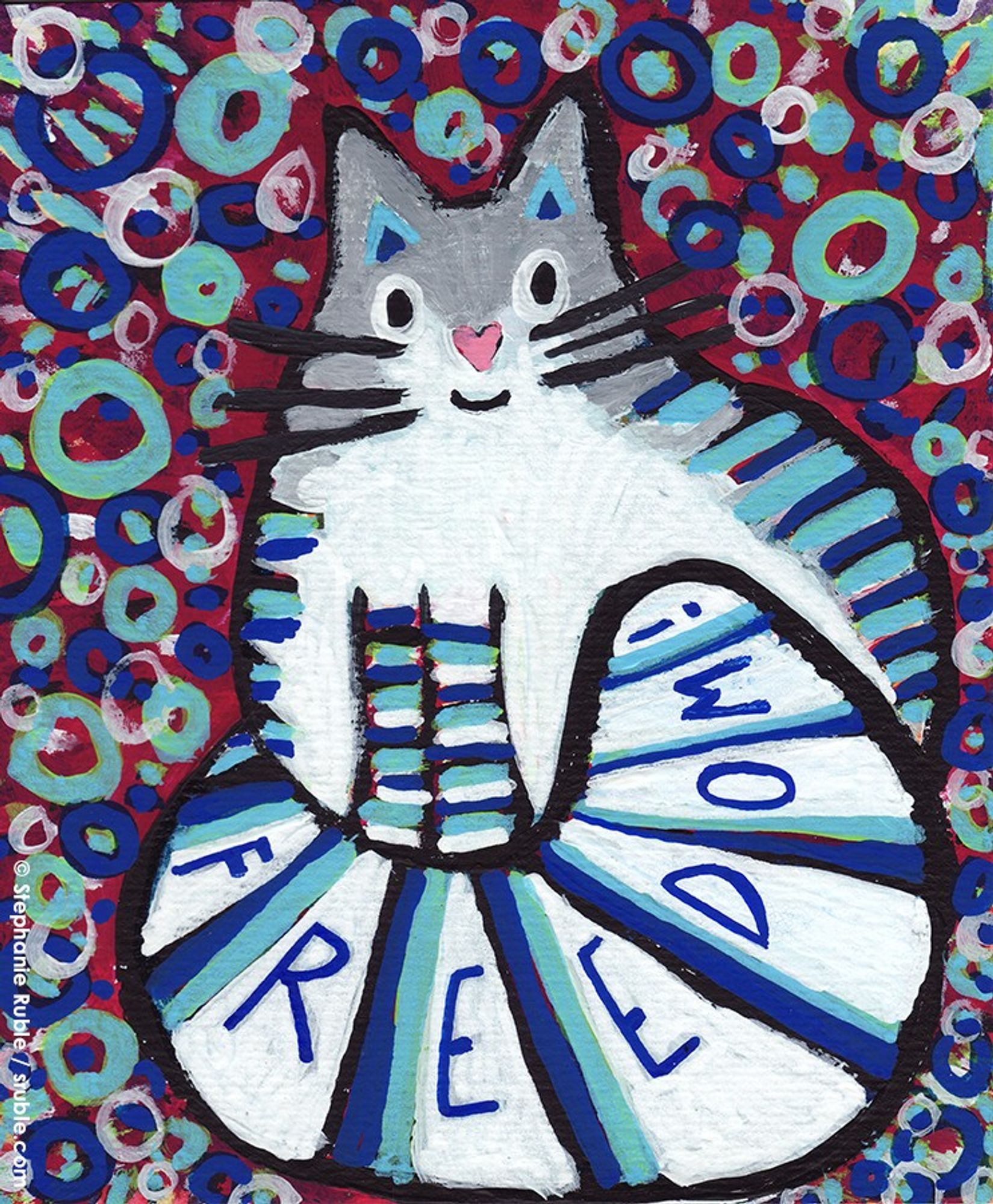 grey and white cat with big eyes and whiskers, and a pink heart shaped nose is looking at the viewer, and has dark and light blue and white stripes. "FREEDOM!" is written on the white stripes of the big poofy tail wrapped around the front of the cat. background is red, with white and blue (light and dark) circles.