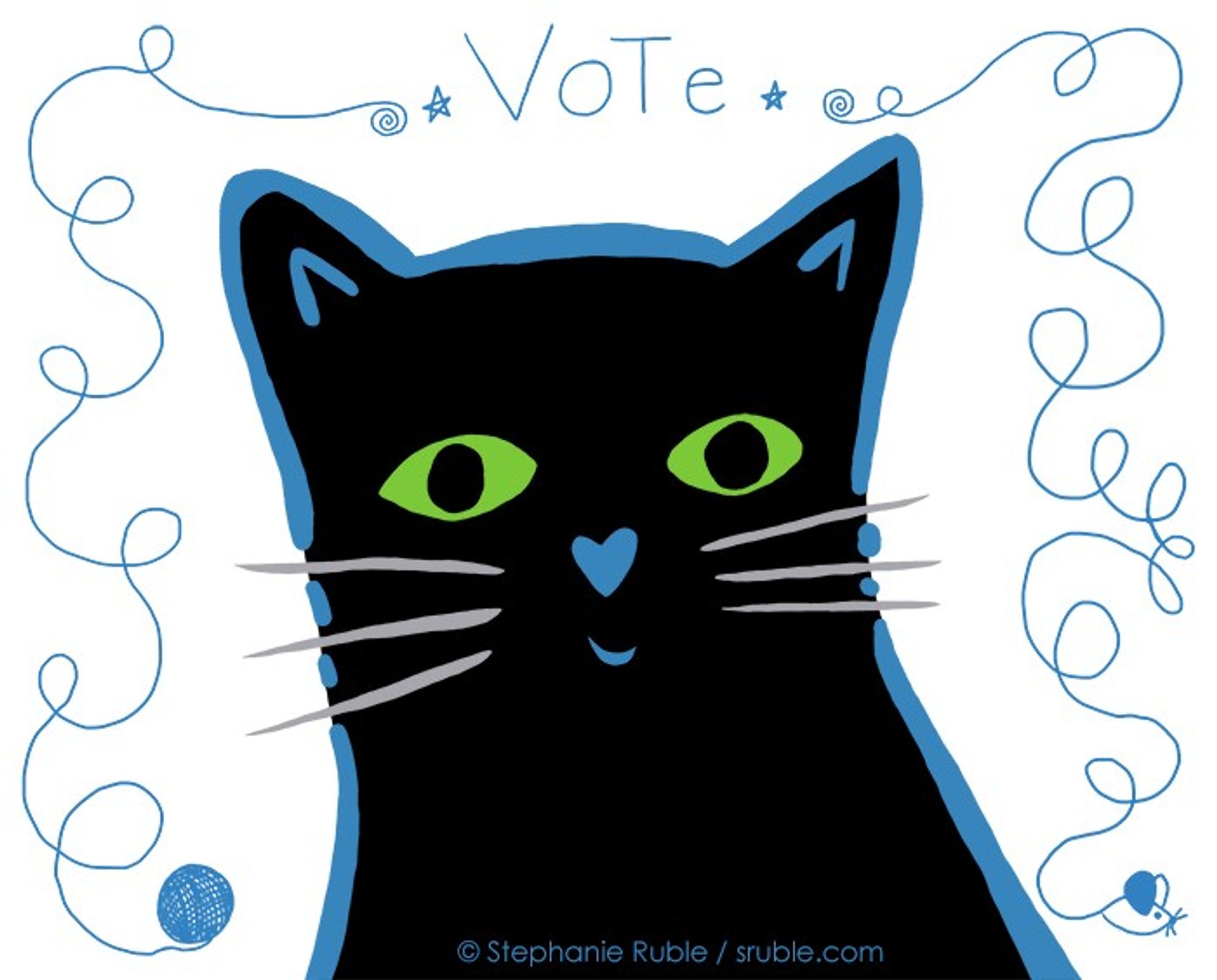 big black cat with green eyes, grey whiskers, and a blue outline and nose. white background with blue ball of yarn in lower left swirling up around cat to top, "* VOTE *", and yarn continuing to swirl down the right side to a mouse on the bottom