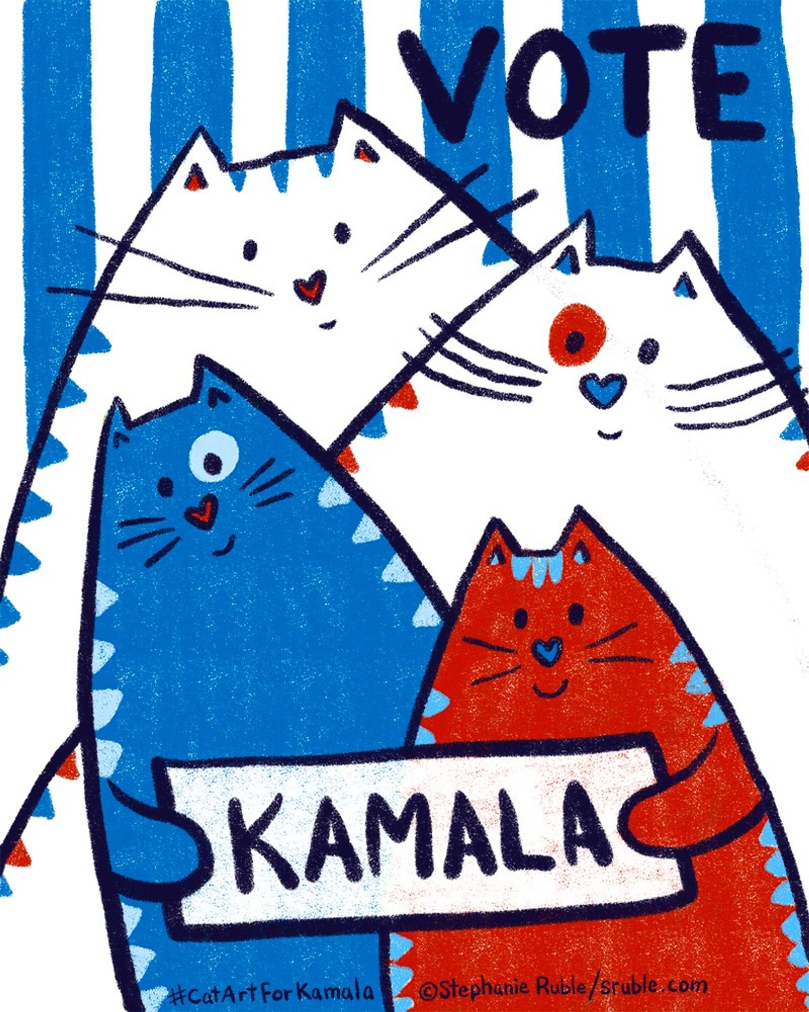 text top right, "VOTE" and blue stripes in background of a family portrait of four kitties, with 2 on bottom holding a sign, "KAMALA": 1. left top: big white cat with blue stripes & red nose 2. right top: big white cat with red and blue stripes, blue nose, & red circle around one eye. 3. left bottom: small blue cat with lt. blue stripes & circle around eye, and a red nose 4. right bottom: small red cat with blue stripes & nose.