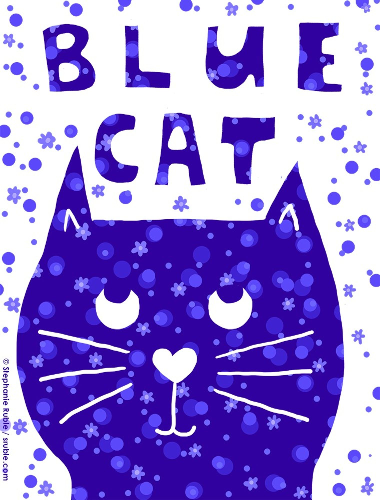 big cat face with white heart shaped nose, mouth, and whiskers, looking up at text that says, "BLUE CAT". cat and text are a dark blue with a pattern of lighter blue dots and flowers. the white background also has the blue flower and dot pattern