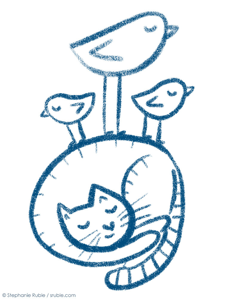 blue line art of cat sleeping, with three birds who are also sleeping while standing on the cat's back. The middle bird is bigger than the other two, who are small.