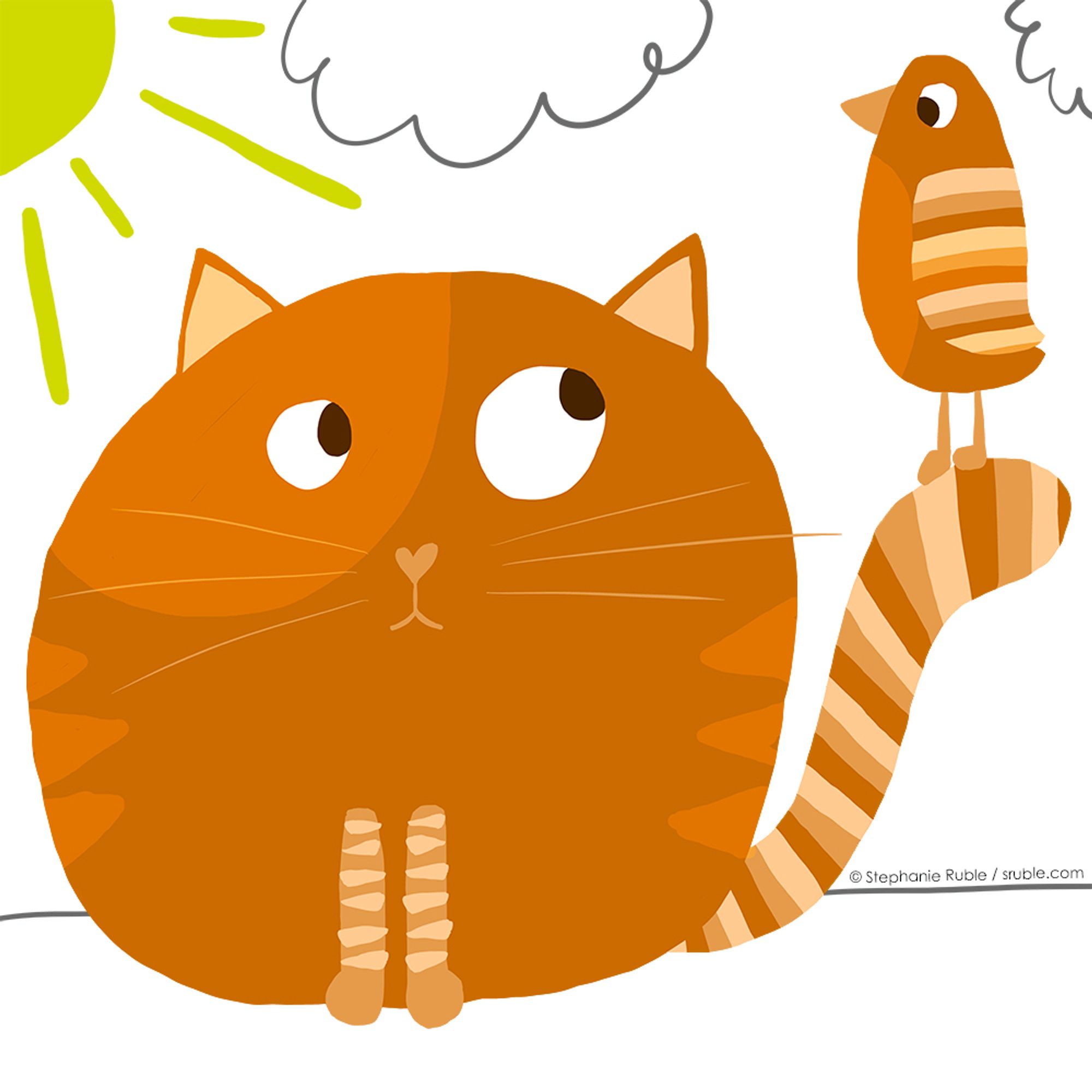 round orange cat with striped paws and tail, looks up at tall orange bird with striped wing sitting on their tail. bright green-yellow sun in upper left corner, and two clouds and the ground drawn in with grey line