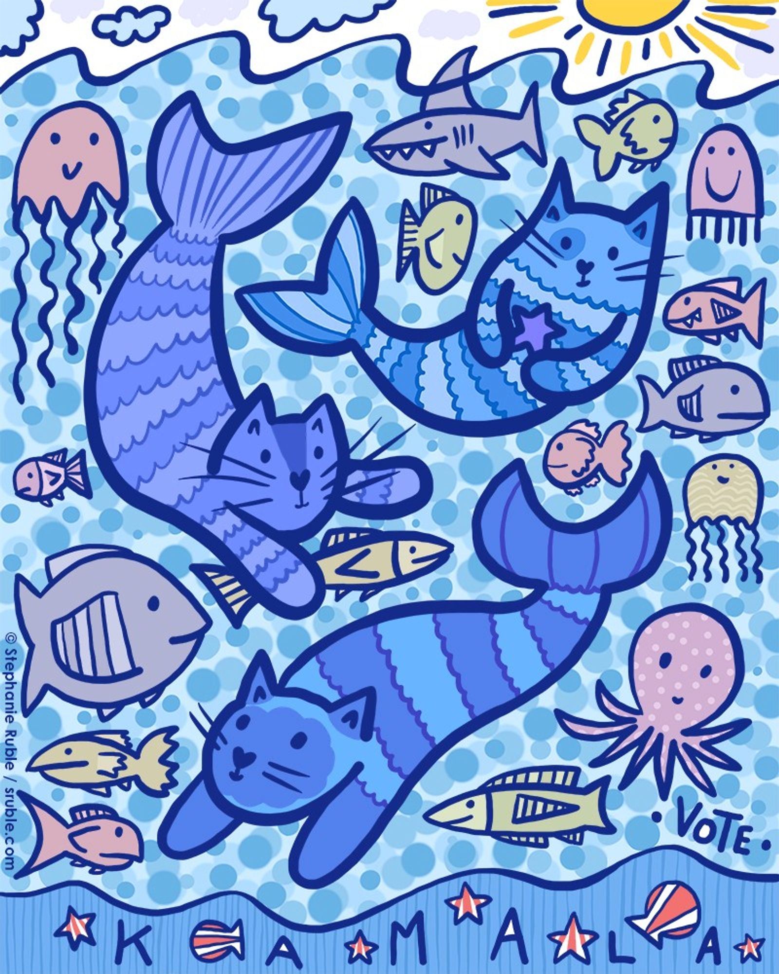 three blue striped cat mermaids swimming in a sea full of fish, jellyfish, and a shark, with blue sand, red and white shells and starfish on the bottom, with text, "KAMALA" in the sand, and "*VOTE*" above sand on the right. sunny sky with clouds above the water.