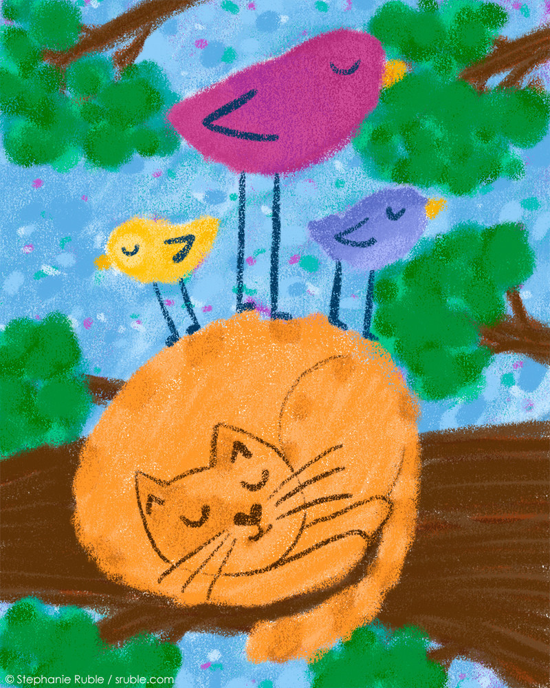 orange cat sleeping in a tree, with three birds (yellow, magenta, and blue), who are also sleeping, standing on the cat's back. The magenta bird is bigger than the other two, who are small. blue sky in background. painterly digital art.