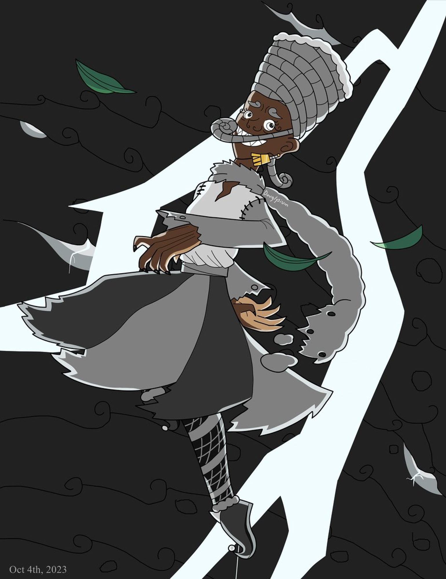 Kazumaki. A Touhou oc yokai that looks like a Black woman. She is twisting through a storm as lightning cracks behind her. Her hair is in the form of dreads done up in a manner to resemble a tornado. She has two swirling dreads hanging down, gold earings, a scarf that looks like its made of clowds, a shirt that looks like it had ragged sleeves sewn on and torn up dress. She has stockings and shoes with bells on the end. Kazumaki smiles maniacally.