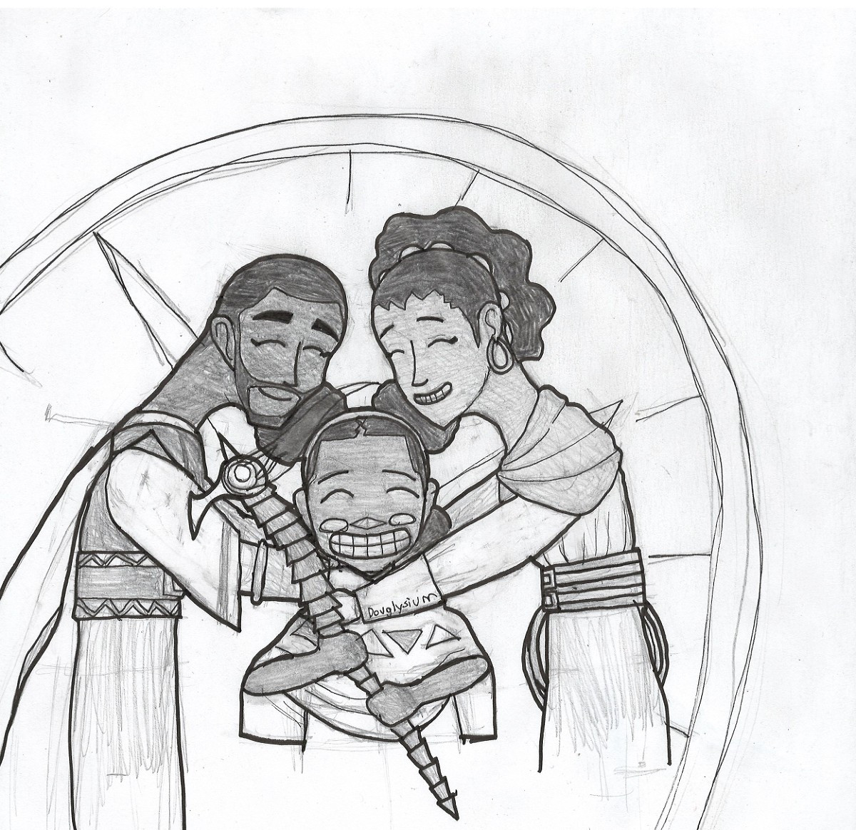 Teferi and Subira hugging either side of their daughter, with Teferi on the left and Subira on the right. Niambi is in the middle smiling happily as she holds Teferi's staff. There is a hastily drawn clock as the background. The lines of the art are inked while the coloring was done in pencil.