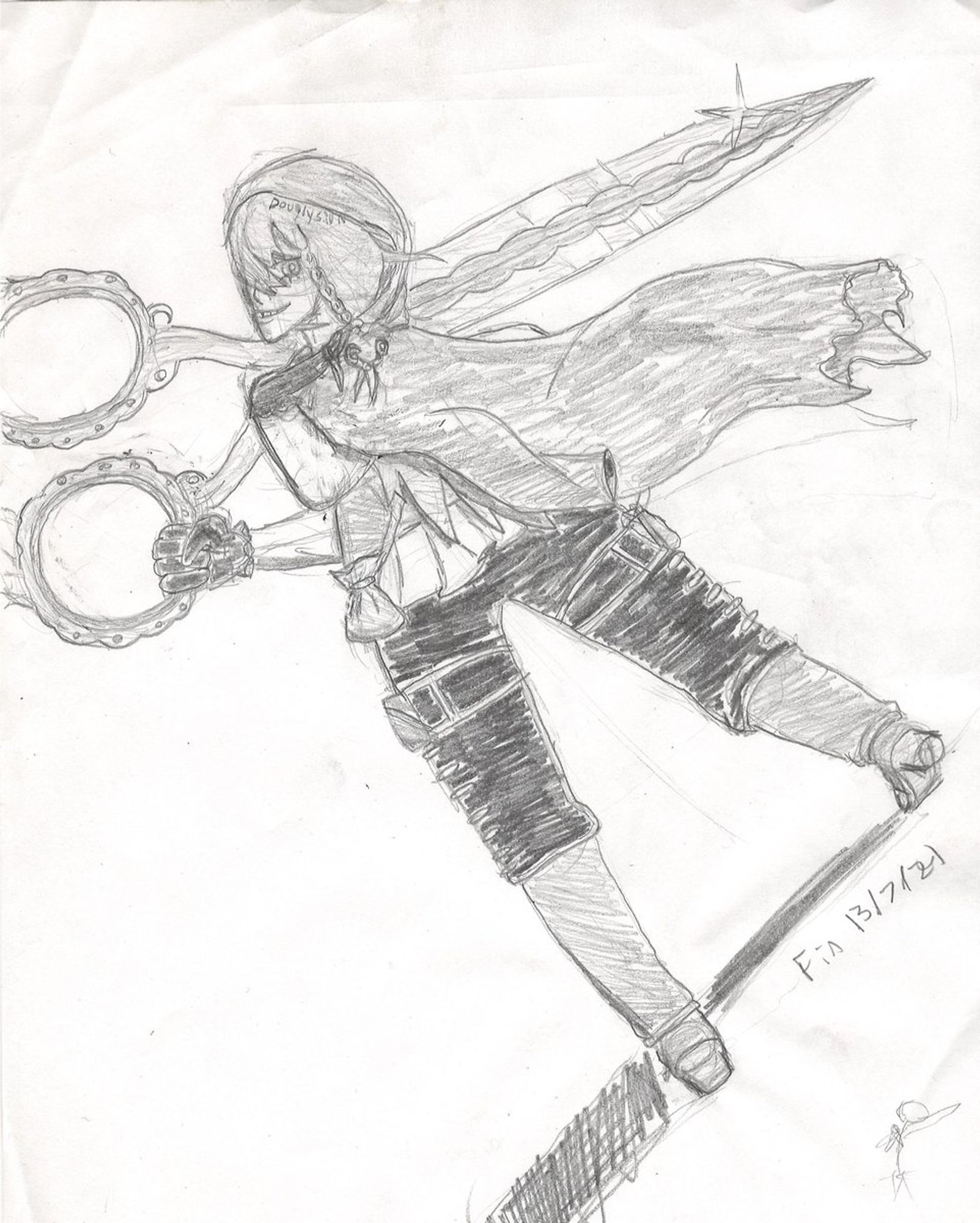 A pencil sketch of woman (Huntress, an OC by Setsu) looking back at the camera as normal-sized scissors hang from her hands and a pair of giant scissors resting on her shoulder.