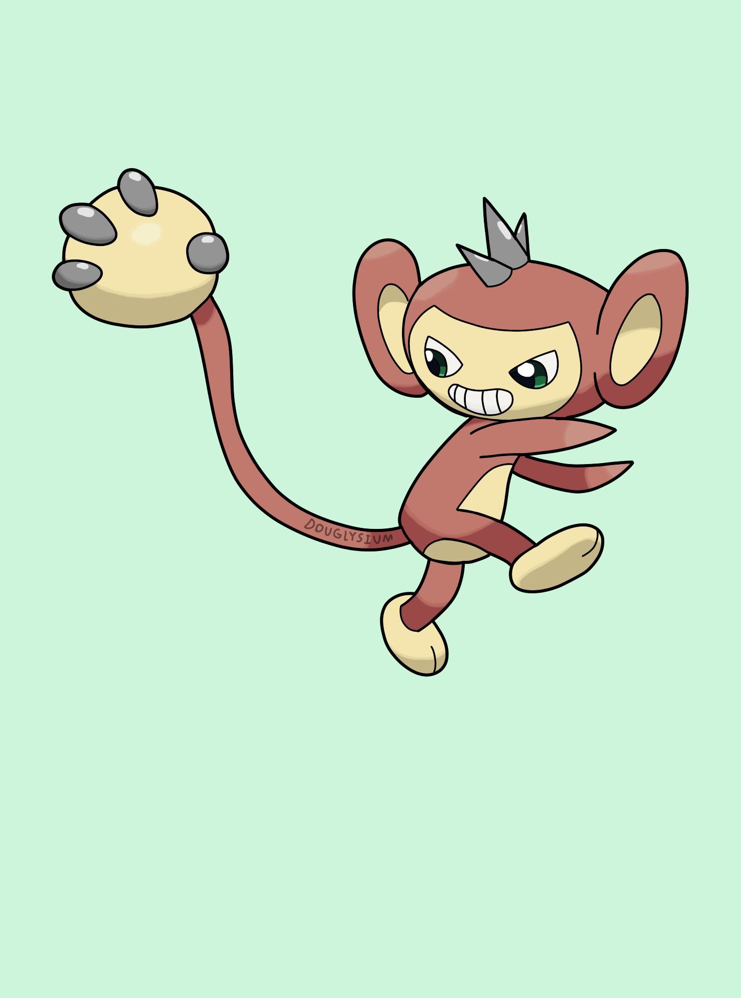 A regional variant of Aipom with a more fist-like tail. In the place of “fingers” the tail has metal nubs resembling a curled-up fist. It has brown fur with cream fur on its face and stomach. The three hairs sticking up on its head have been replaced with spiky metal protrusions.