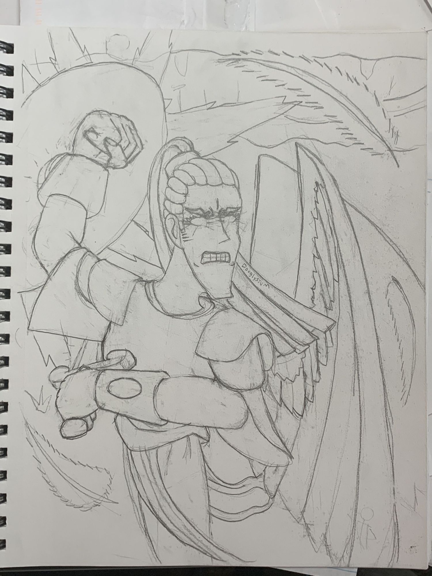 A sketch of my OC Lily ( a Black woman with her heads tied into a ponytail) as an angel blocking some sort of blast with the shield on her right arm as she gets ready to swing a sword on her right. Feathers can be seen coming from her feathery wings. She wears the top of an armor along with shoulder pauldrons.