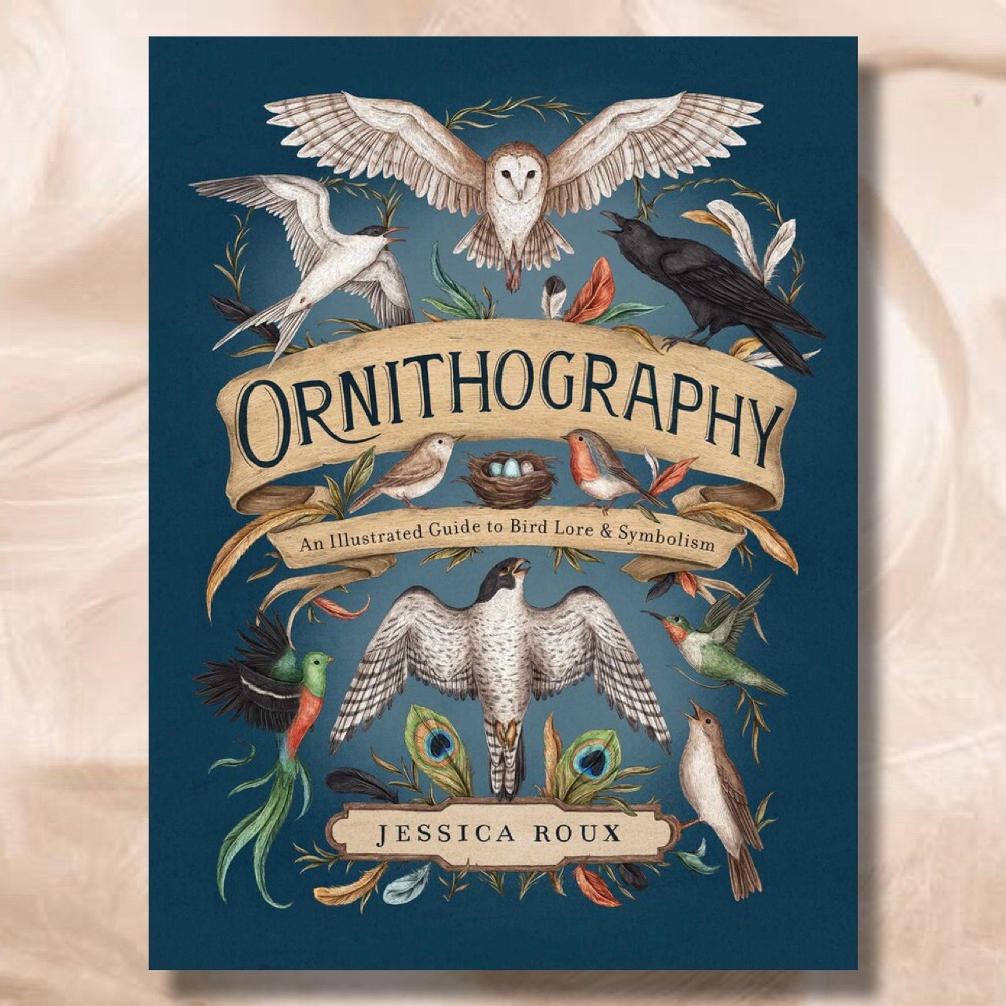 Cover image of Ornithography by Jessica Roux with a light brown feather background