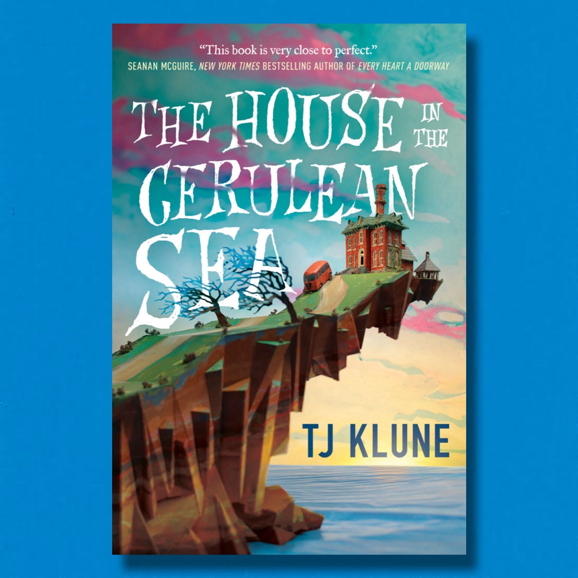 Cover image of The House in the Cerulean Sea by TJ Klune with a cerulean background