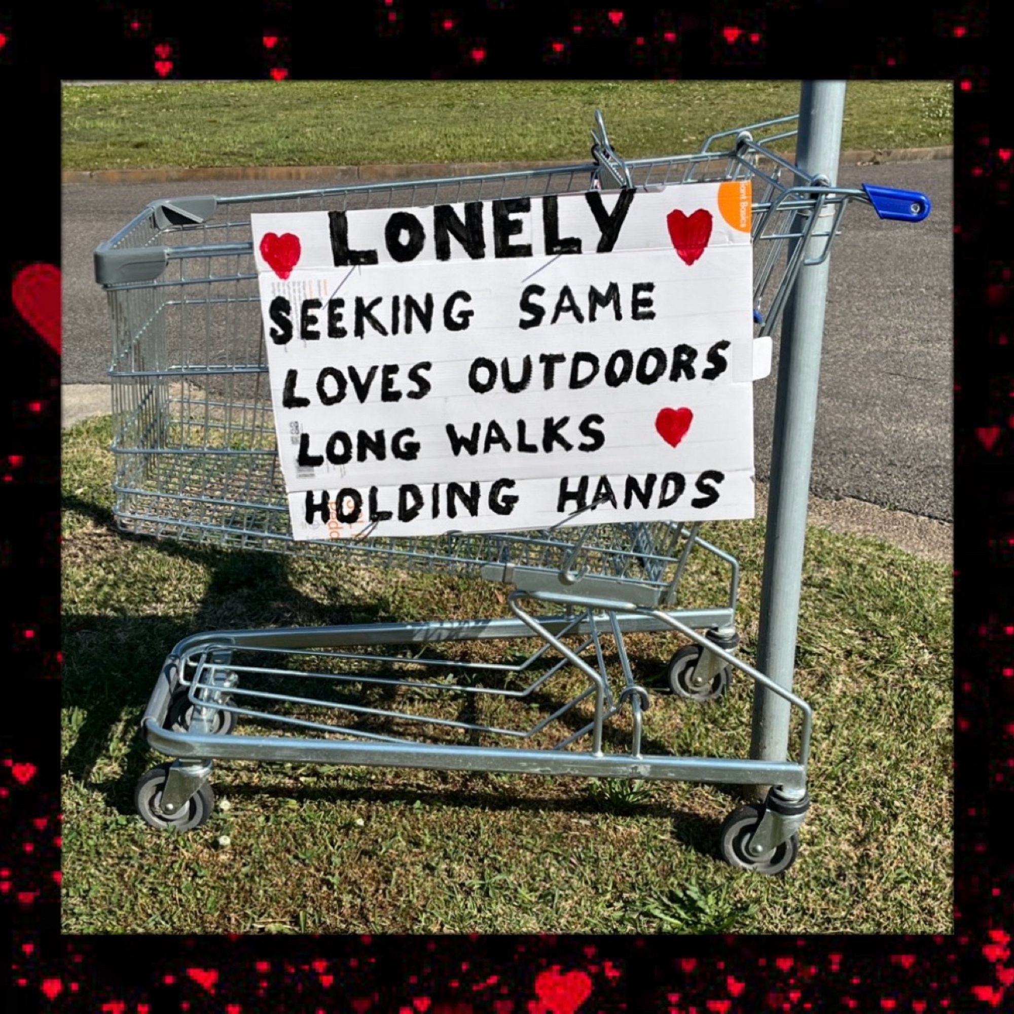 Photo of an abandoned shopping trolley in a residential area. Attached to it is a white sign with red hearts and words in black lettering saying ‘Lonely. Seeking same. Loves outdoors, long walks, holding hands’. The background is black with red hearts.