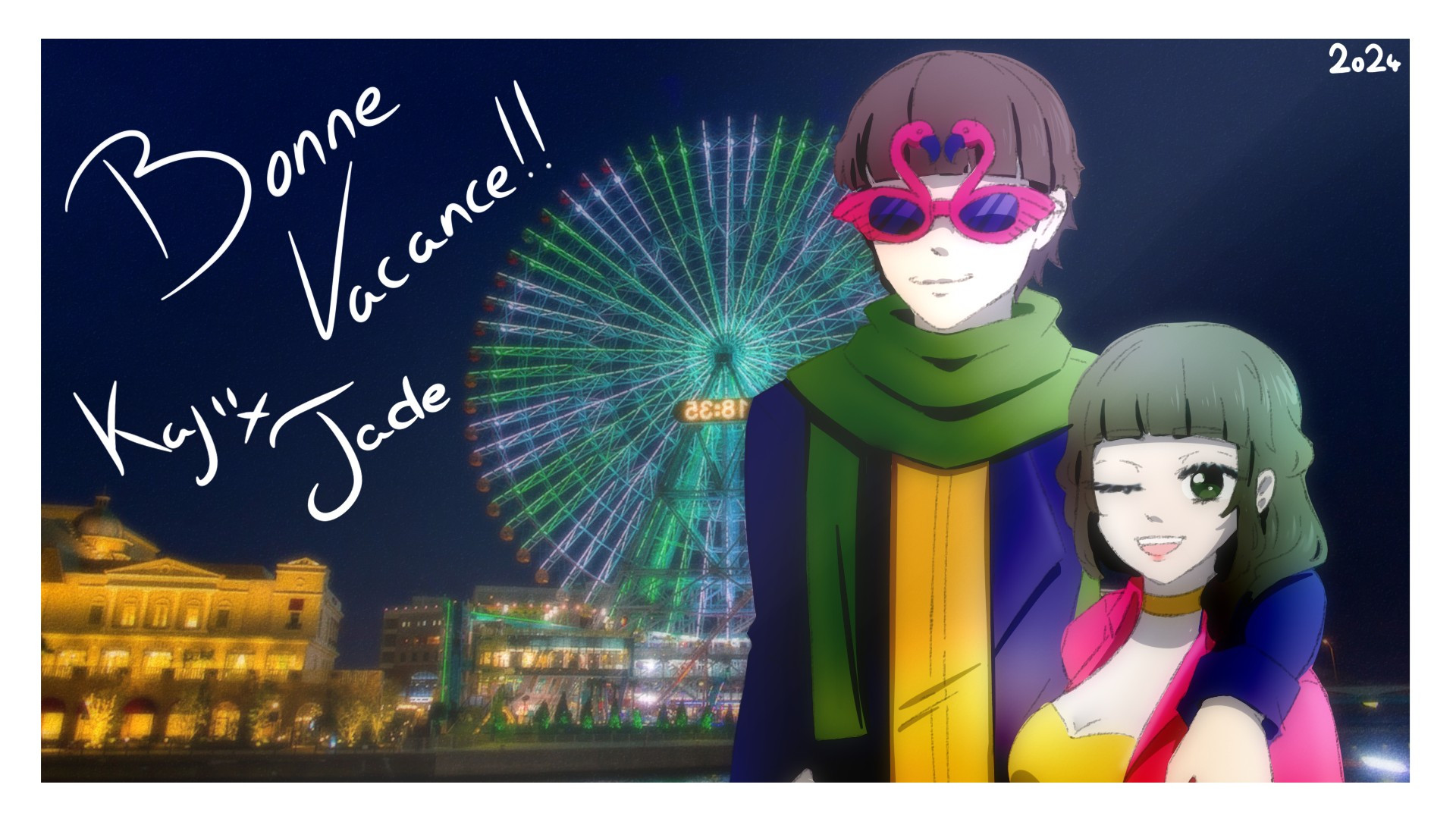 Kajii and Jade taking a photo in amusement park with writed "Bonne Vacance!!"