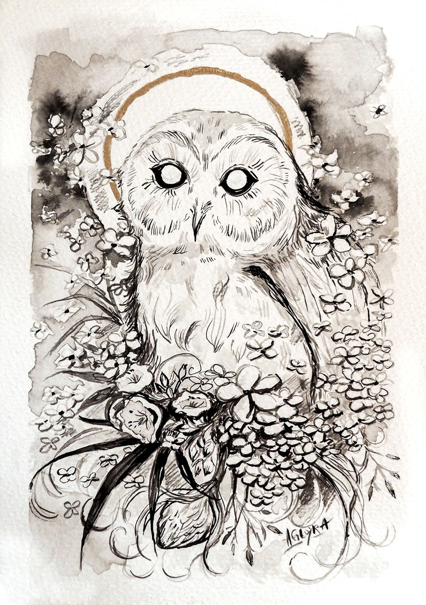 Ink painting with an owl in the center, surrounded by flowers and plants. There is a golden circle behind its head. Painting by aglyra.