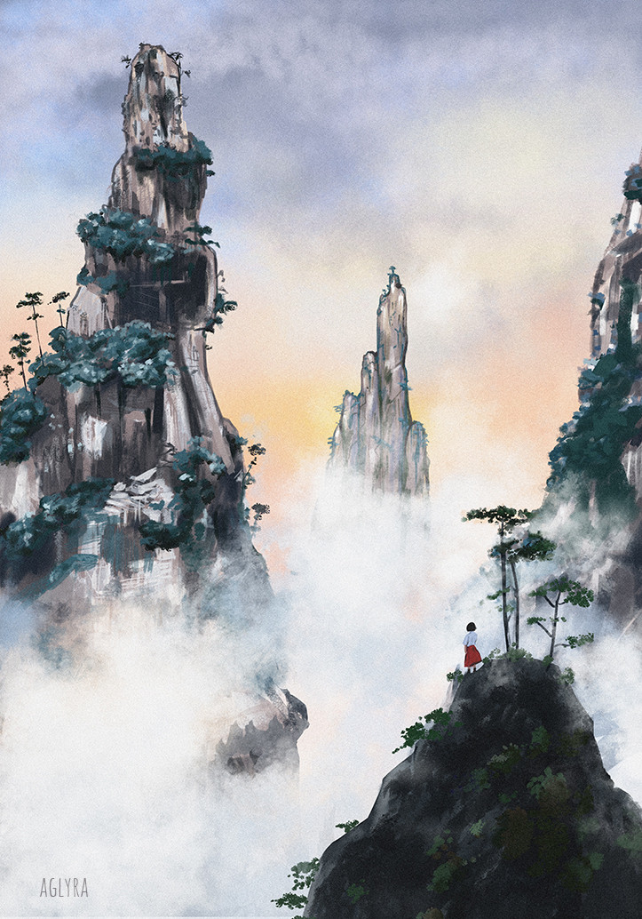 Digital painting of four asian mountains with trees and green plants on it. Fog is appearing from below. A woman is standing on the mountain next to us.