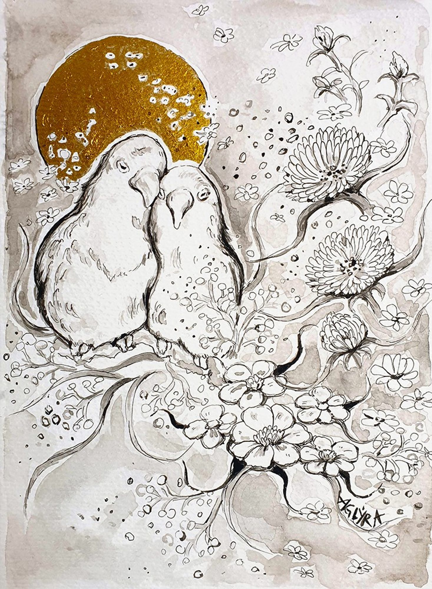 An ink painting of two birds. They are surrounded by floral and plant elements. A golden circle is behind their head. Painted by aglyra.