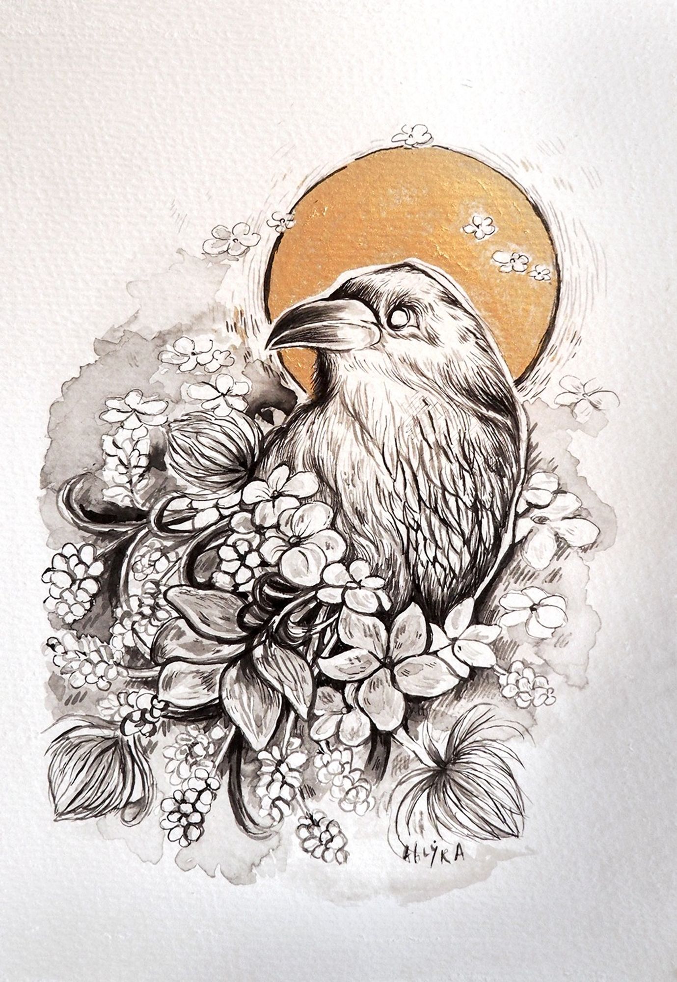 Ink painting or drawing with different floral elements. Behind the raven is a golden circle. Painted by aglyra.