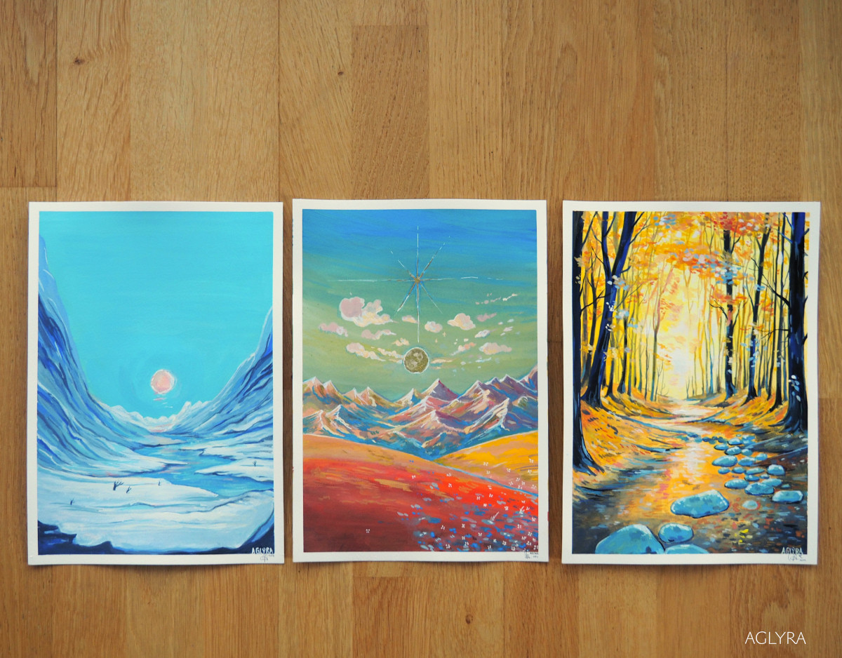 Three painted different landscapes with Gouache colors.