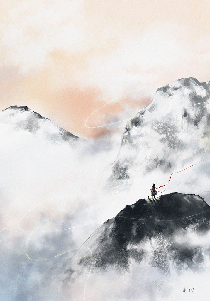 Digital painting of foggy mountains: A person is standing with a pet on the mountain and watching the horizon.