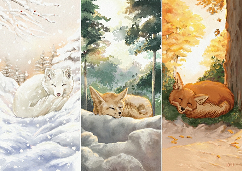 Painting of three different types of foxes in different environmental conditions.