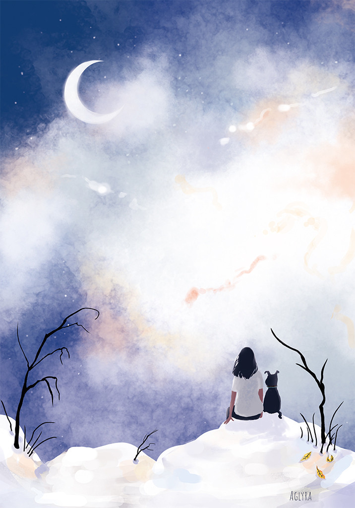 Digital painting a woman and her dog are sitting on a snowy ground and watching the nightsky.