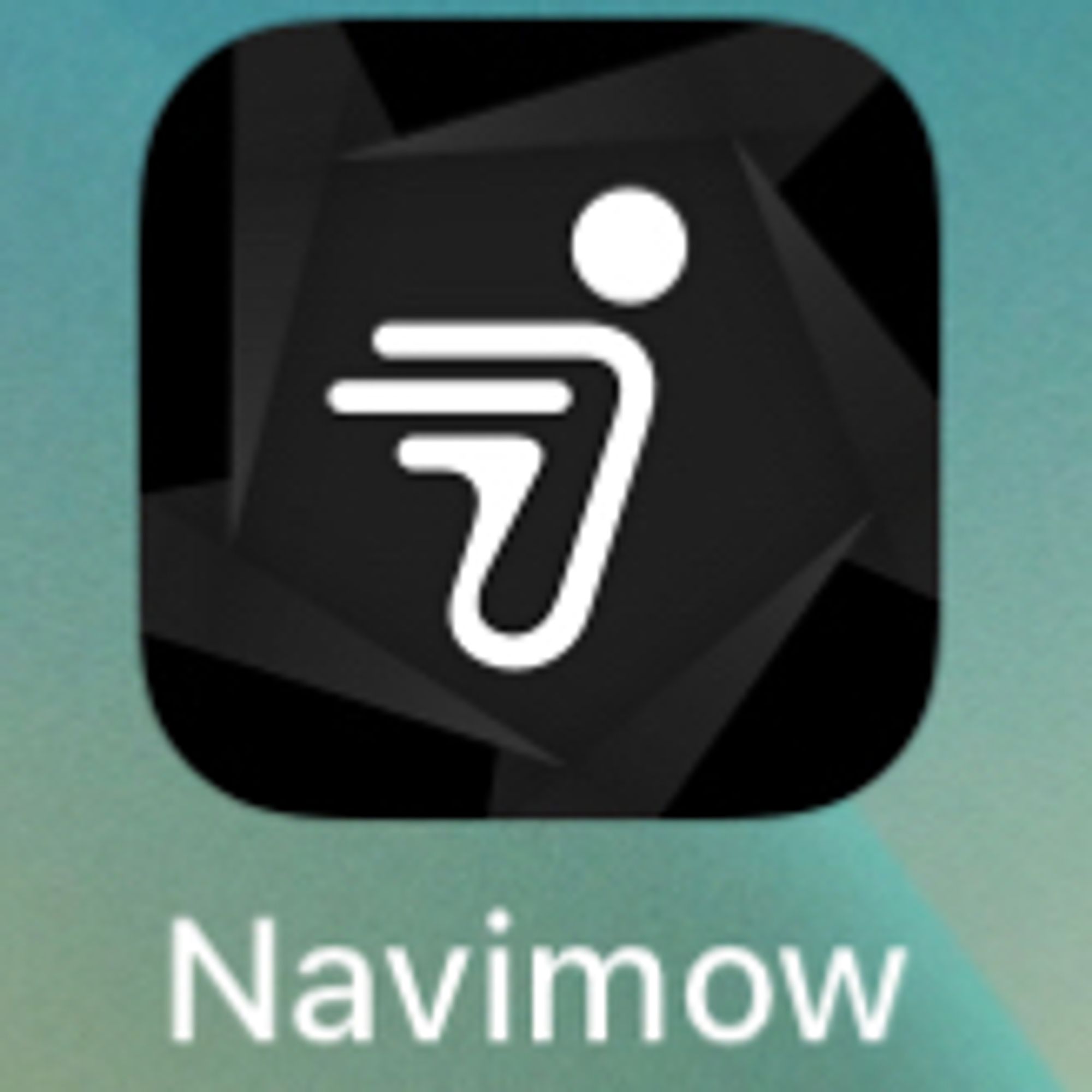 The logo of Navimow on black with something white looking like a person with a white dot to the upper right.