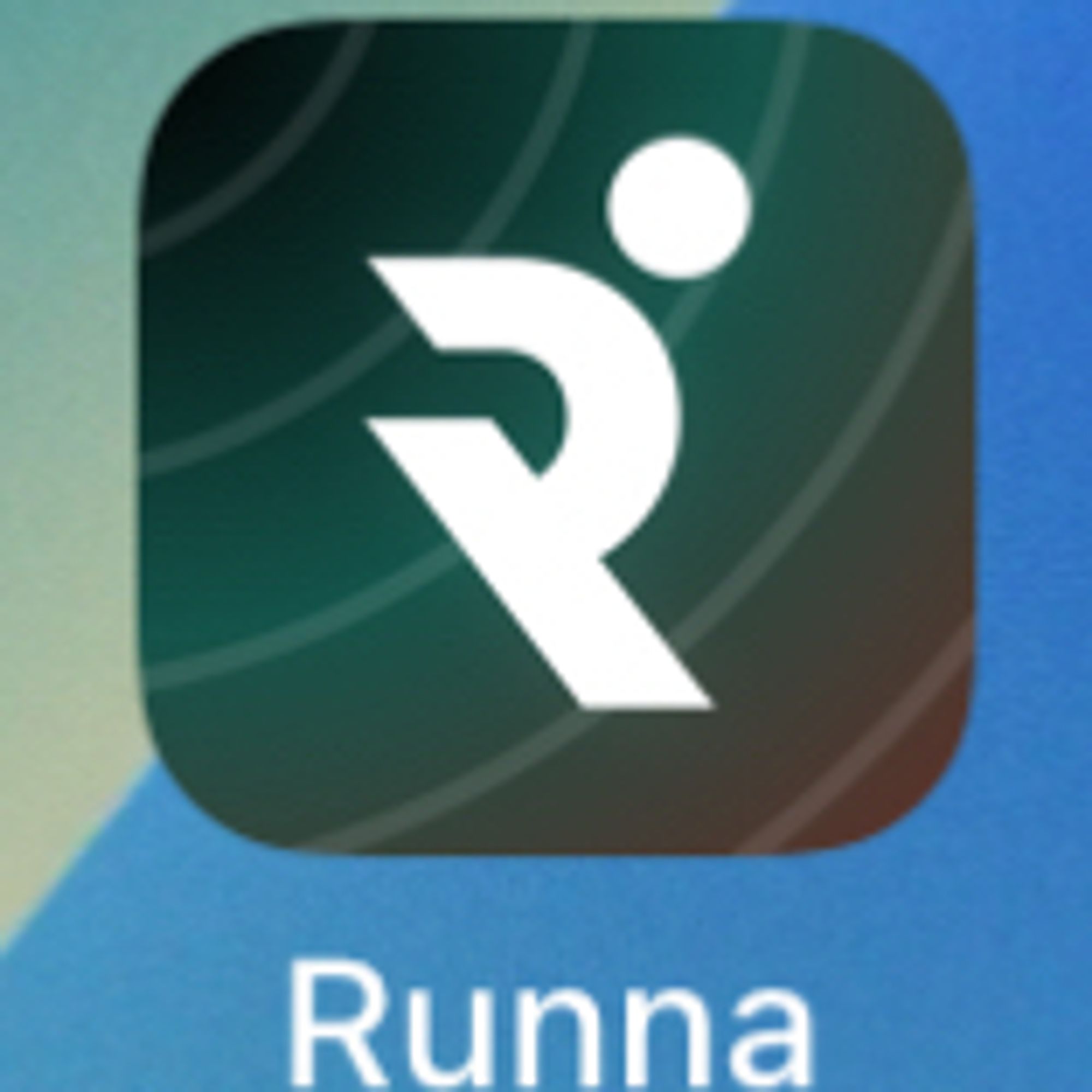 The logo of Runna on dark green with something white looking like a person running with a white dot to the upper right.