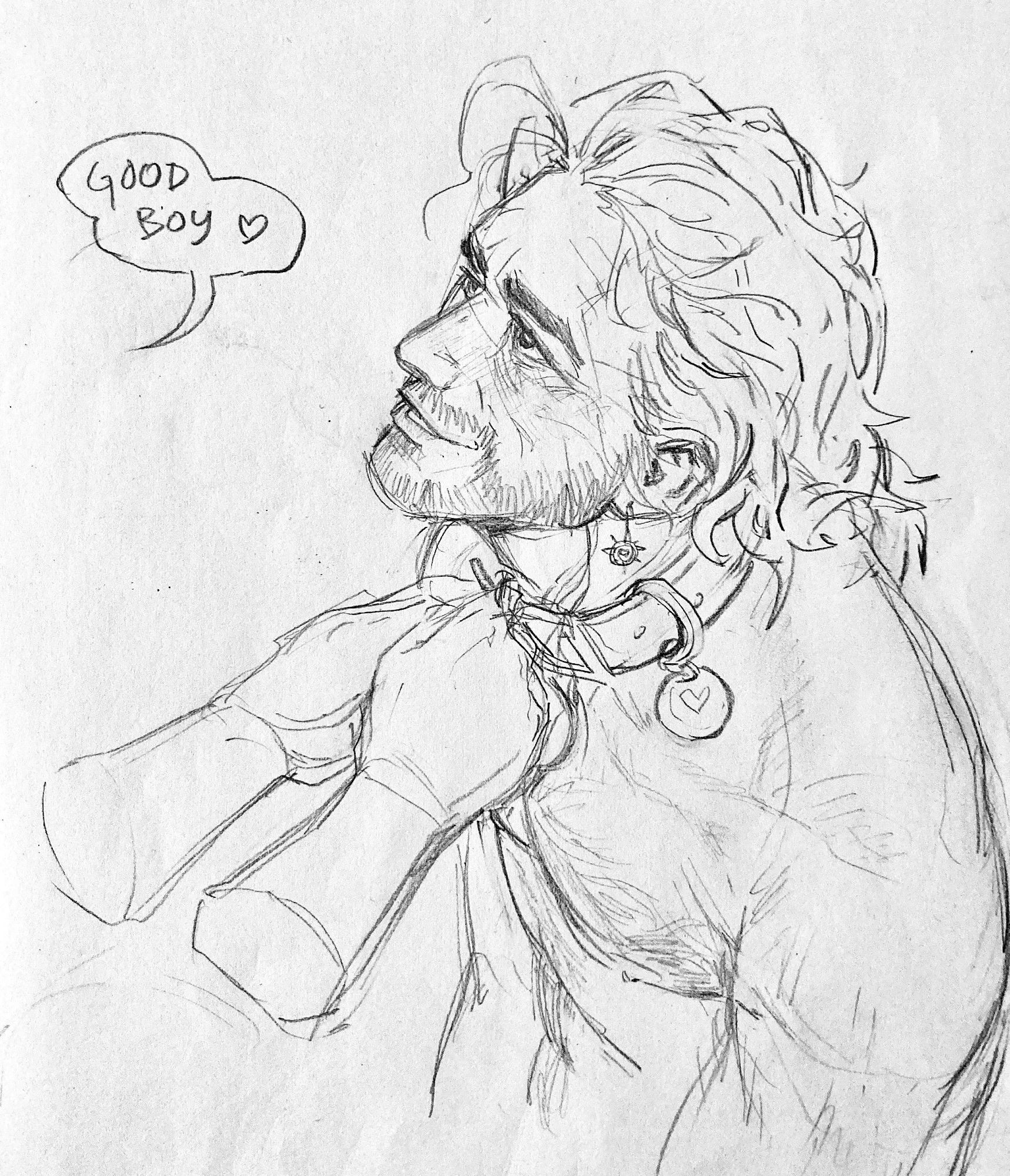 hands fastening a collar around gale's neck. he is gazing out of frame towards person and smiling. speech bubble pointing out of frame says 'good boy'