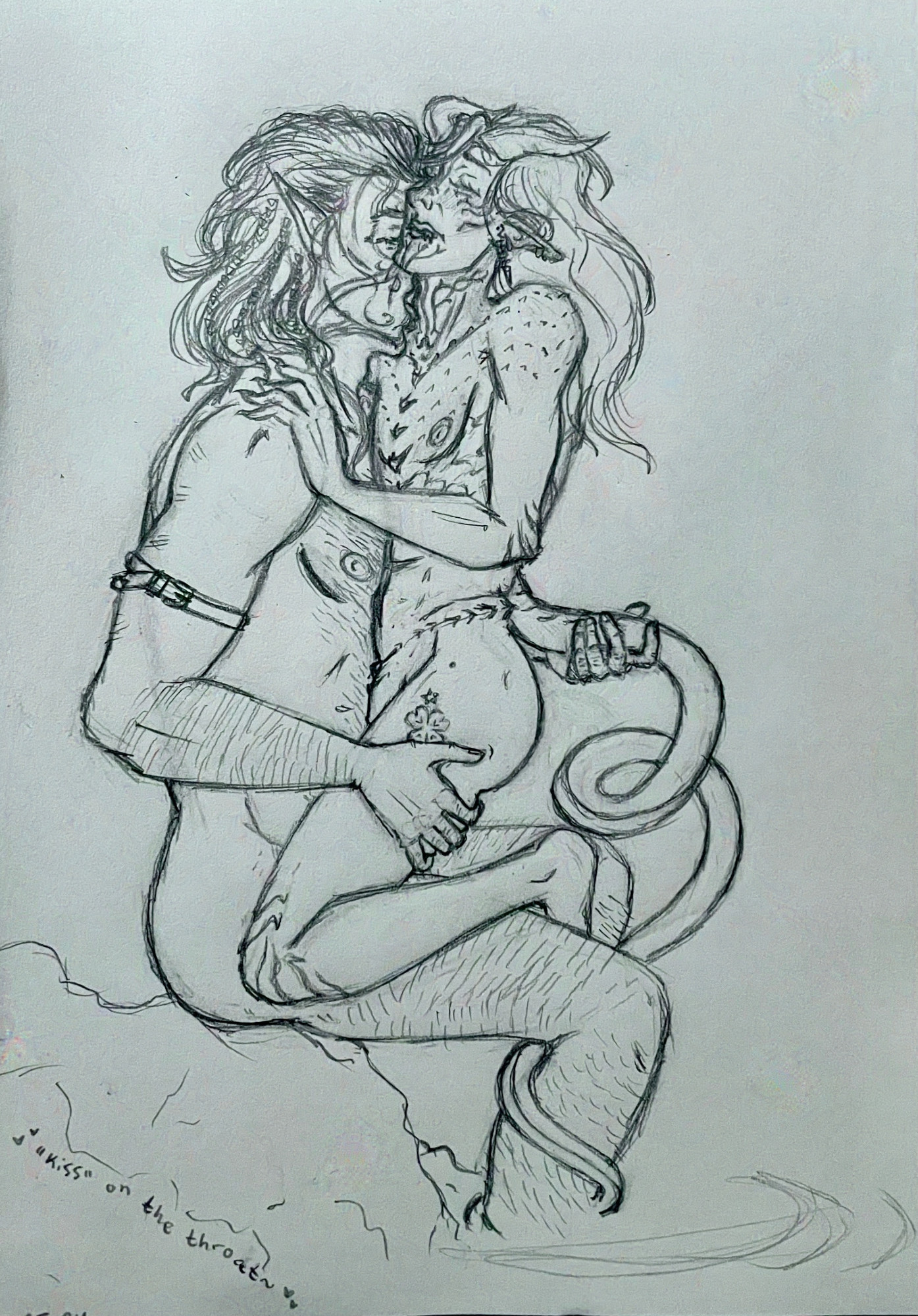 Pencil drawing, full body, suggestive nudity. Halsin is seated on a riverside rock with his feet in the water, wearing only the leather strap around his bicep. Winter (a tiefling) straddles his lap but is upright, the full length of his torso pressed to Halsin's. Halsin licks Winter's throat; both have their eyes shut and their hair down, pushed back and out of their faces. Winter's head is tilted back slightly to give him easier access. Winter bites his own lower lip, showing his sharp eyetooth and upper canine. Winter's left (closer to viewer) hand grips Halsin's shoulder; Halsin's right hand (closer to viewer) squeezes down on where Winter's thigh meets his rump, supporting him but also making the skin pucker. Just visible beside Halsin's hand is a tattoo of a four-leafed Wood Sorrel (large clover). Halsin's left hand is curled around the underside of Winter's tail near the base; Winter's tail is lifted somewhat, and loops back over itself before wrapping tight around Halsin's calf