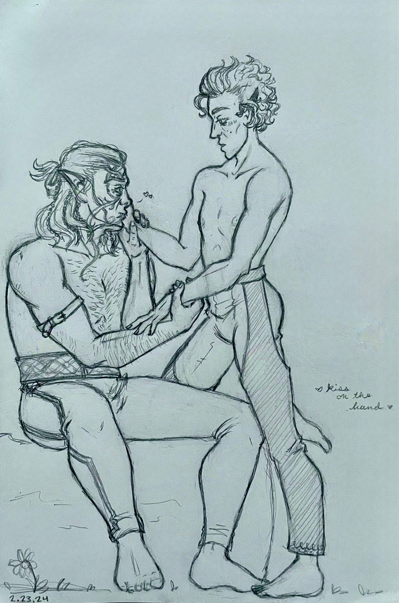 Pencil drawing, full body. Halsin sits on a log. Astarion leans with one knee rested on it, as though about to climb into Halsin's lap. Halsin gently holds each of Astarion's wrists in his hands, with one of Astarion's hands resting on Halsin's cheek. Halsin turns his face into it, planting a kiss on the heel of Astarion's hand. Astarion looks gently surprised, and has a hint of a blush. Both are shirtless, wearing their camp trousers.