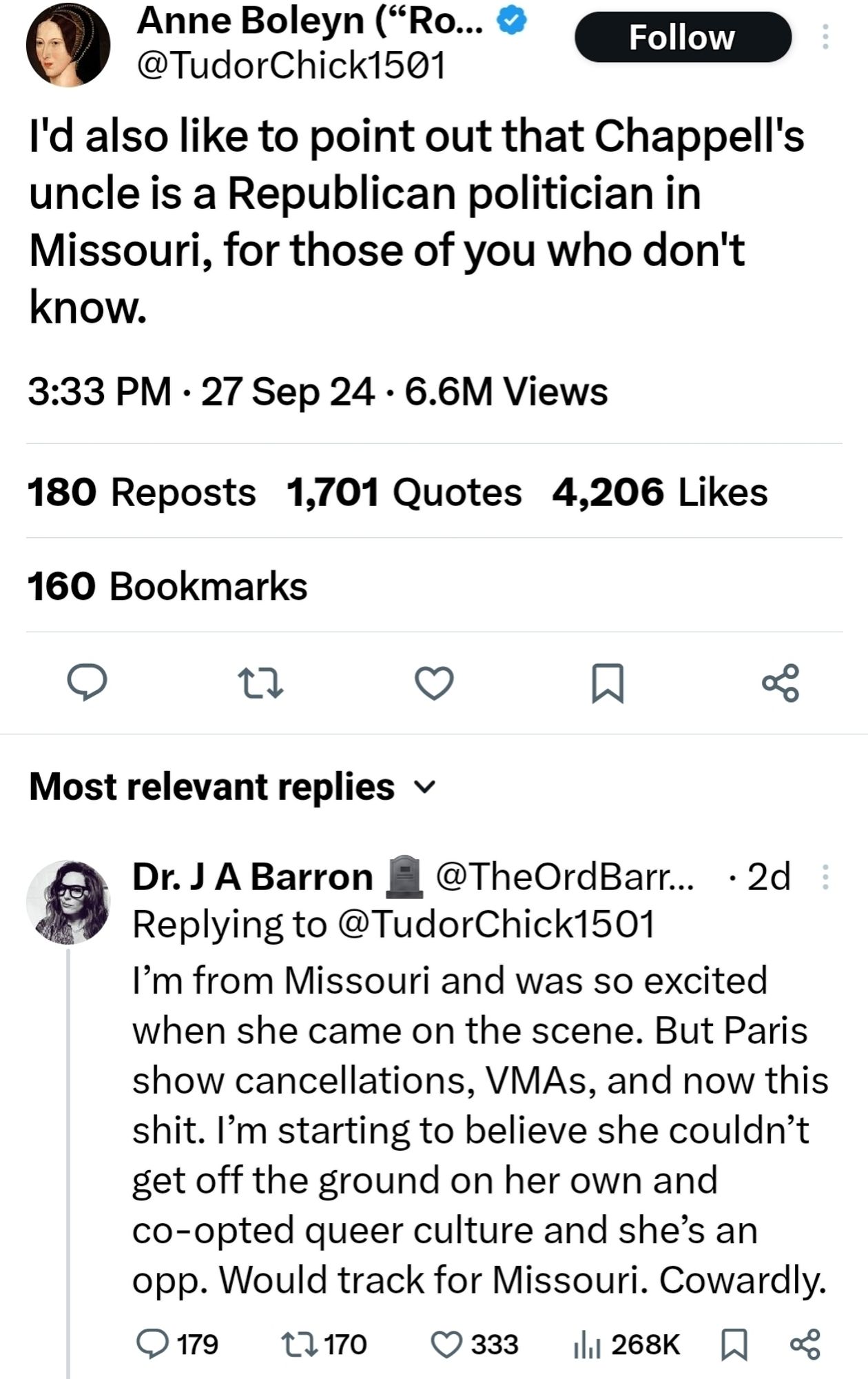 Twitter user @tudorchick1501 posting that Chappell Roan has an uncle who is a Republican politician in Missouri and someone replying with wild jumps in logic and claims of "opp"