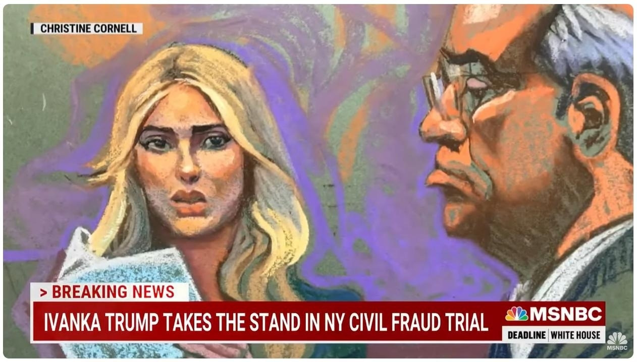 A courtroom sketch of Ivanka Trump giving testimony. Her face is extremely carefully rendered and looks a lot like how woman are drawn in comics