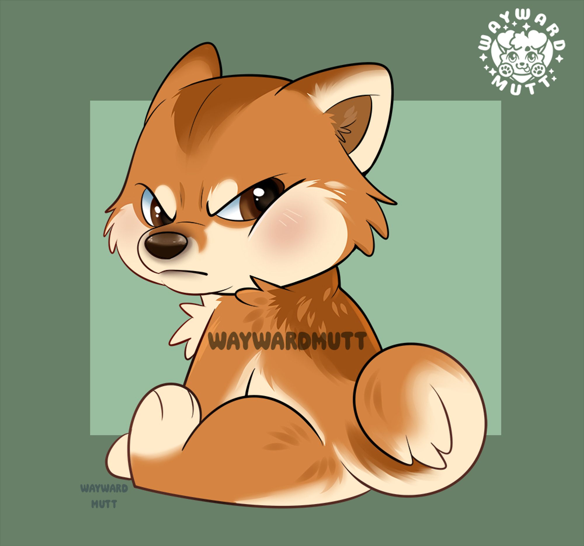 A red colored shiba inu, sitting with its back to the viewer. Their head is turned with a grumpy expression.