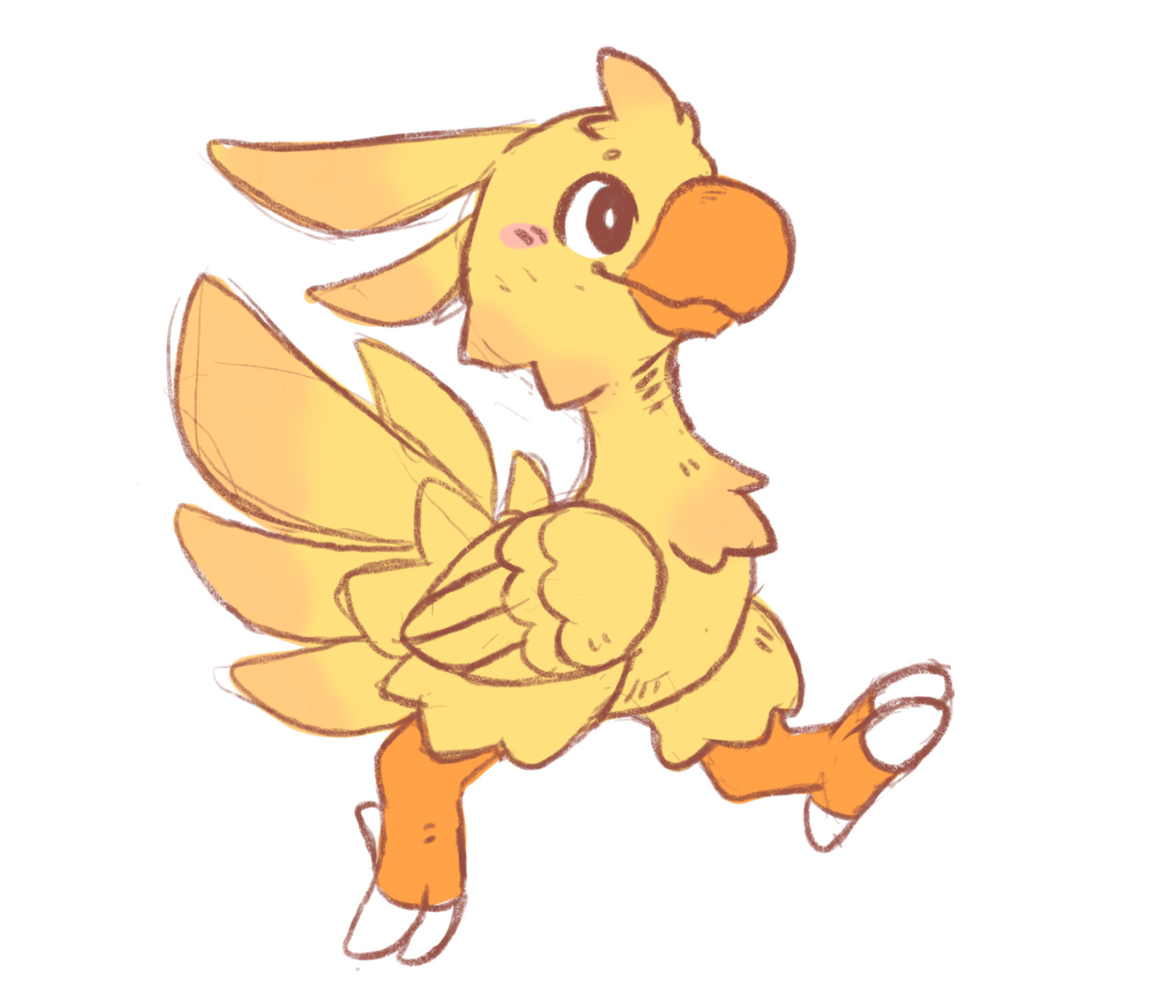 A sketchy drawing of a yellow chocobo running to the right.