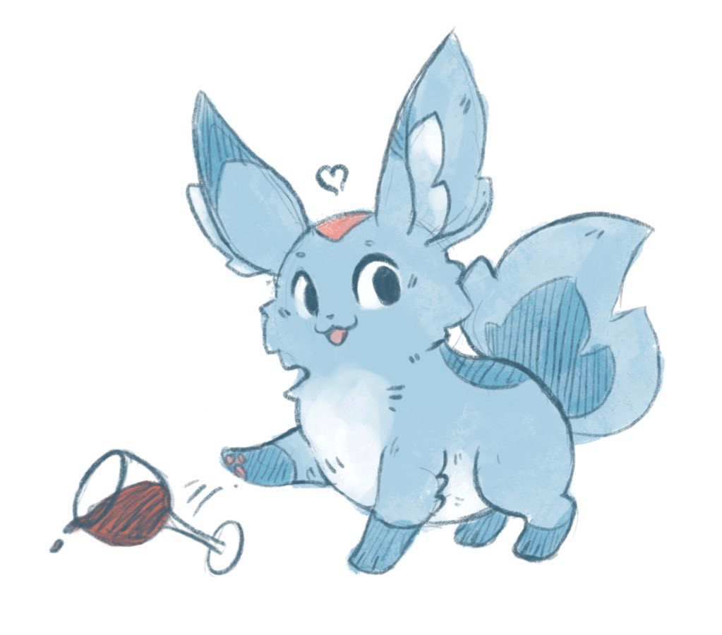 A drawing of a cheeky emerald carbuncle from the video game Final Fantasy 14 pushing over a of with red wine in a cat-like fashion, sticking out a single leg. This kind of carbuncle is a weird hybrid creature that looks a little bit like a tiny fat fox with long rabbit-like ears and a tail that looks like three floofy tails merged together. On top of its head is a red triangle shape. The main colour of this carbuncle is more blue than emerald despite its name- this is due to the game's art direction - the ear tips, back of the tail and end of the feet are all a darker shade of blue. The undersize of the belly is white.